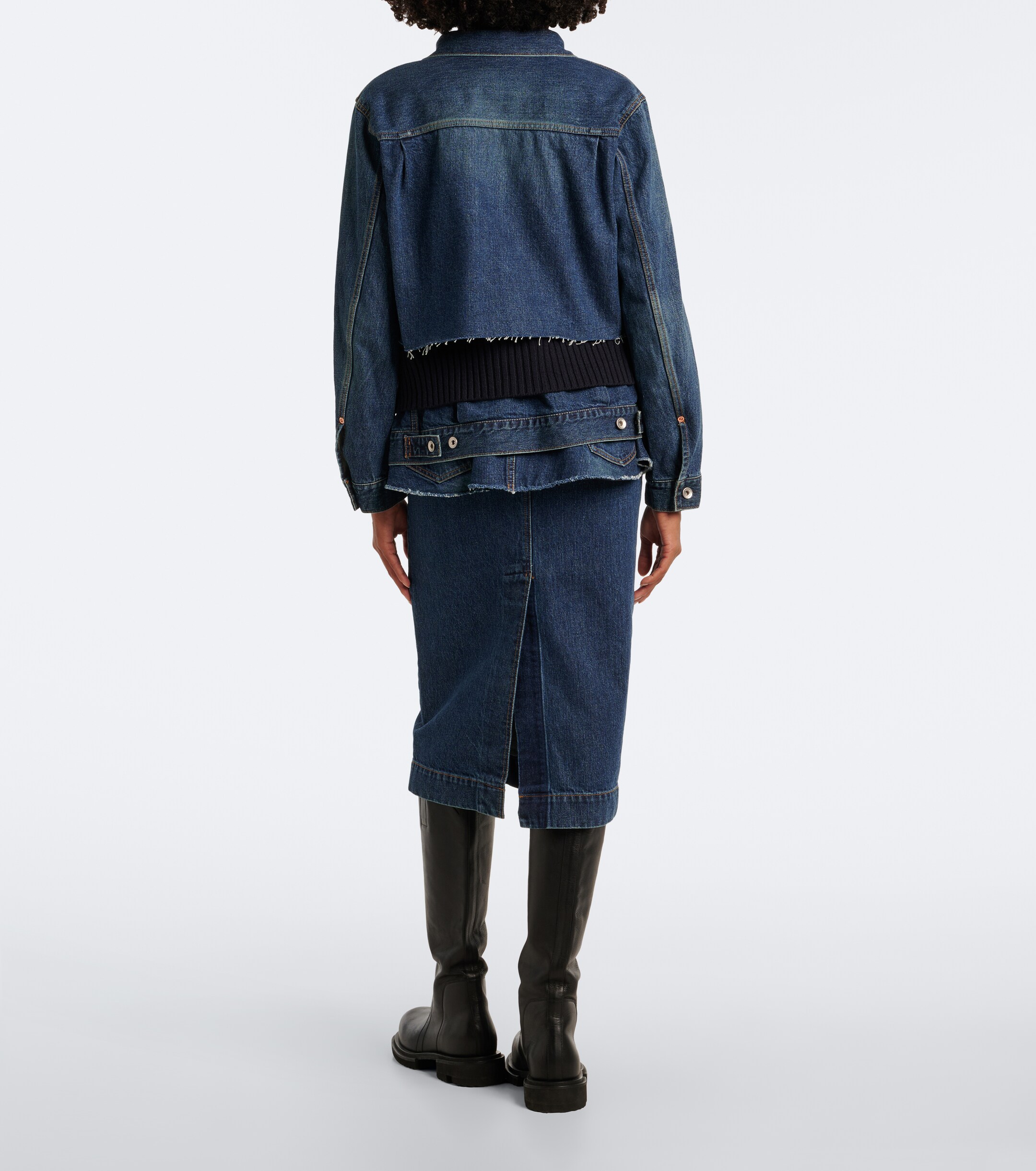 Sacai Sacai Belted peplum denim midi skirt