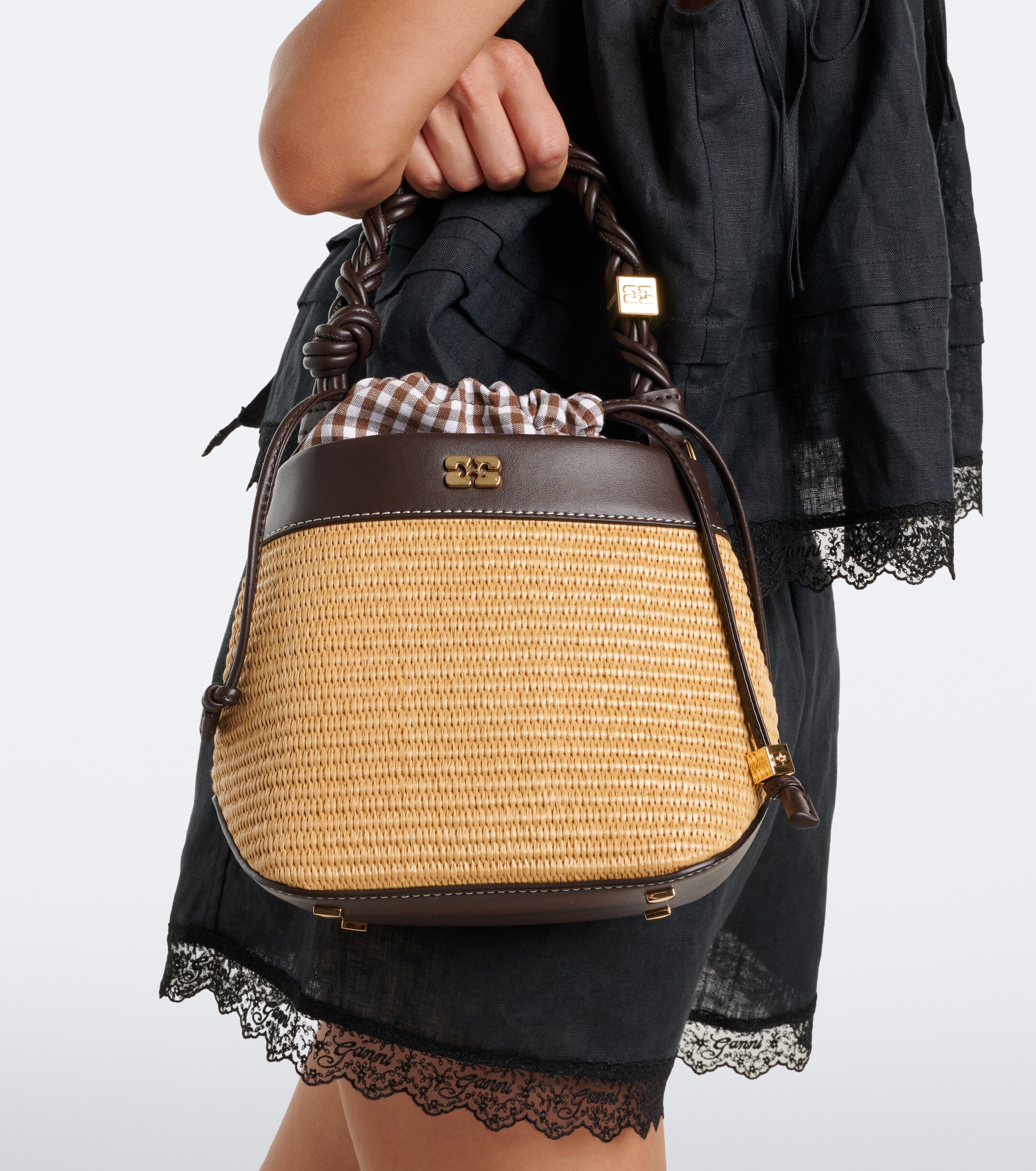 GANNI Bou Small raffia-effect bucket bag
