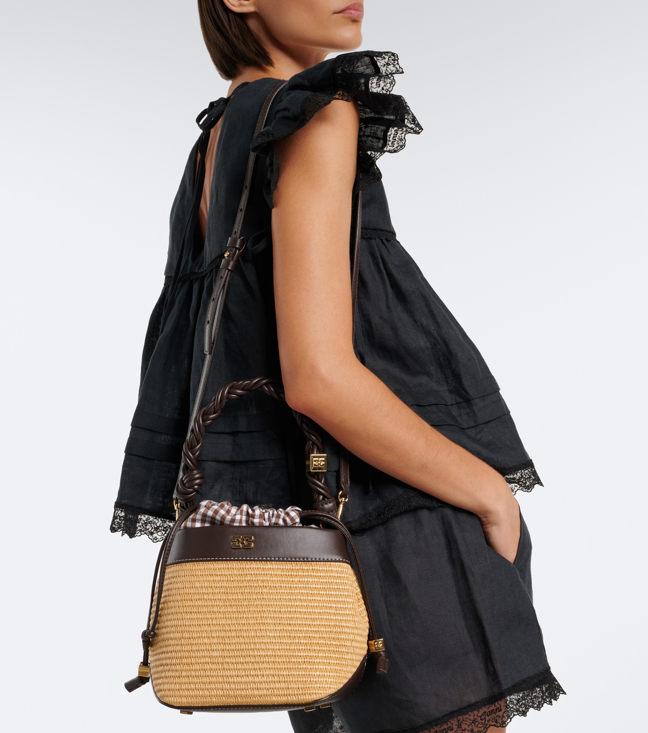 GANNI Bou Small raffia-effect bucket bag