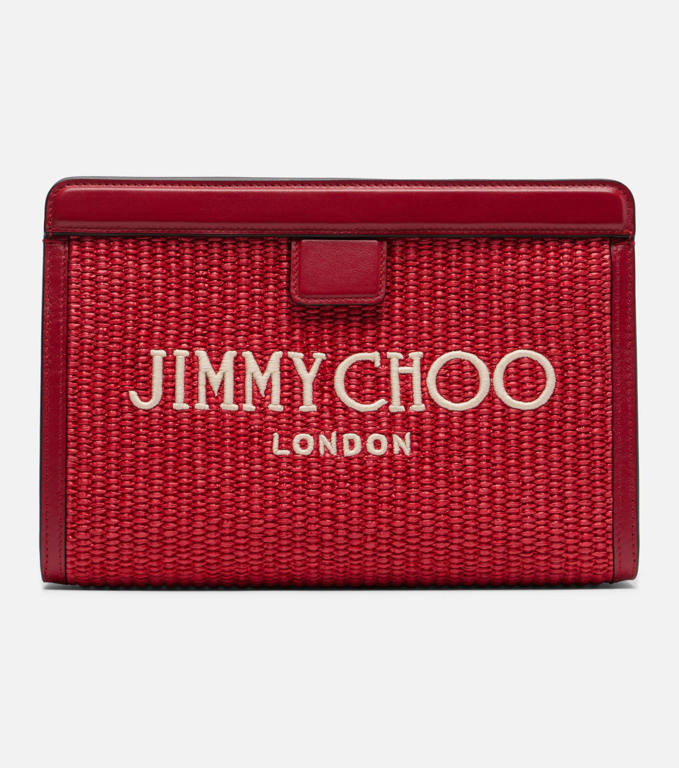JIMMY CHOO Avenue Small leather-trimmed raffia pouch