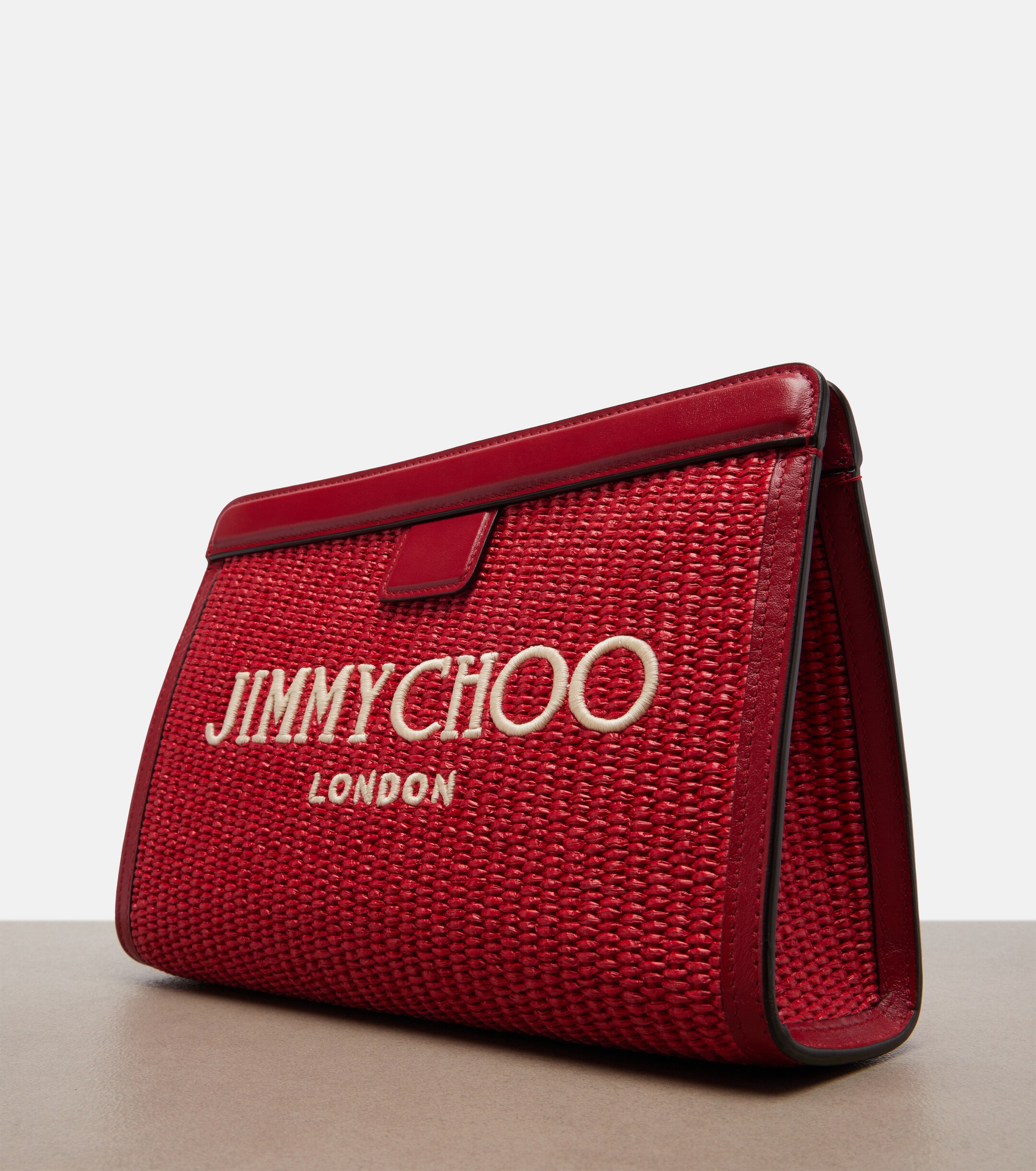 JIMMY CHOO Avenue Small leather-trimmed raffia pouch