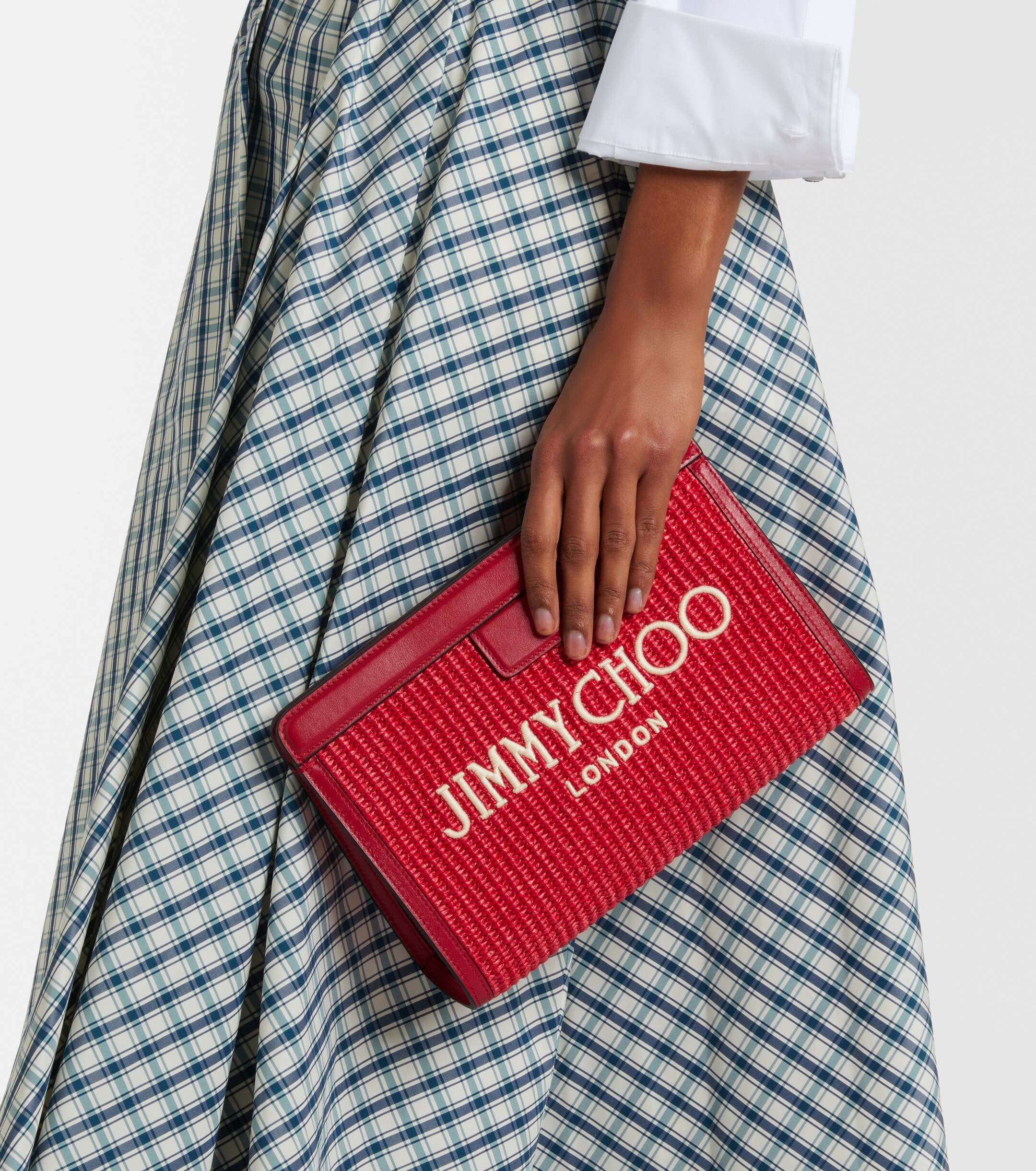 JIMMY CHOO Avenue Small leather-trimmed raffia pouch