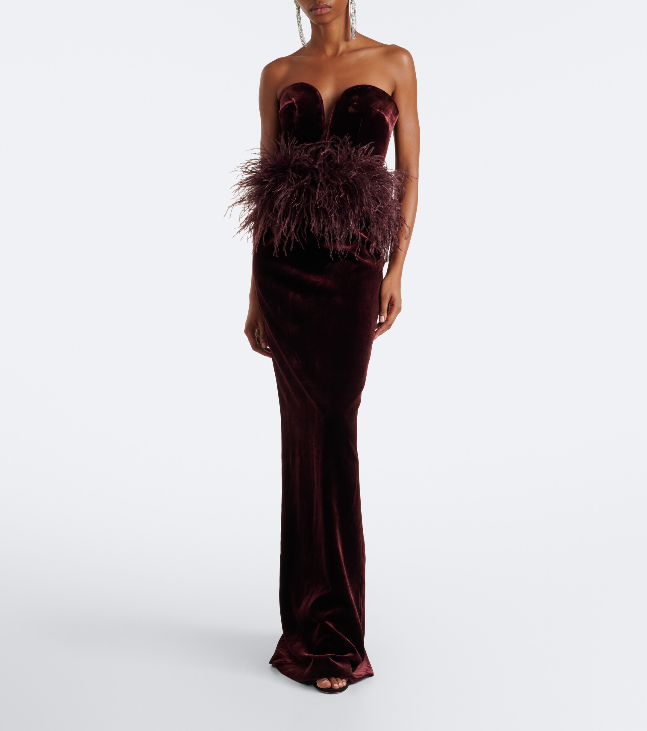 The New Arrivals Ilkyaz Ozel The New Arrivals Ilkyaz Ozel Feather-trimmed velvet bustier gown