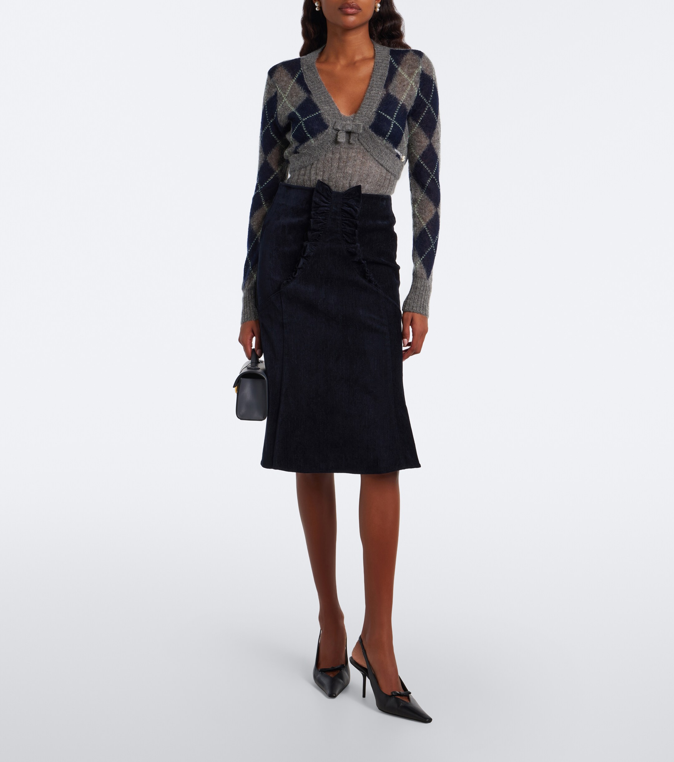 SHUSHU/TONG Shushu/Tong Bow-detail ruffled velvet midi skirt