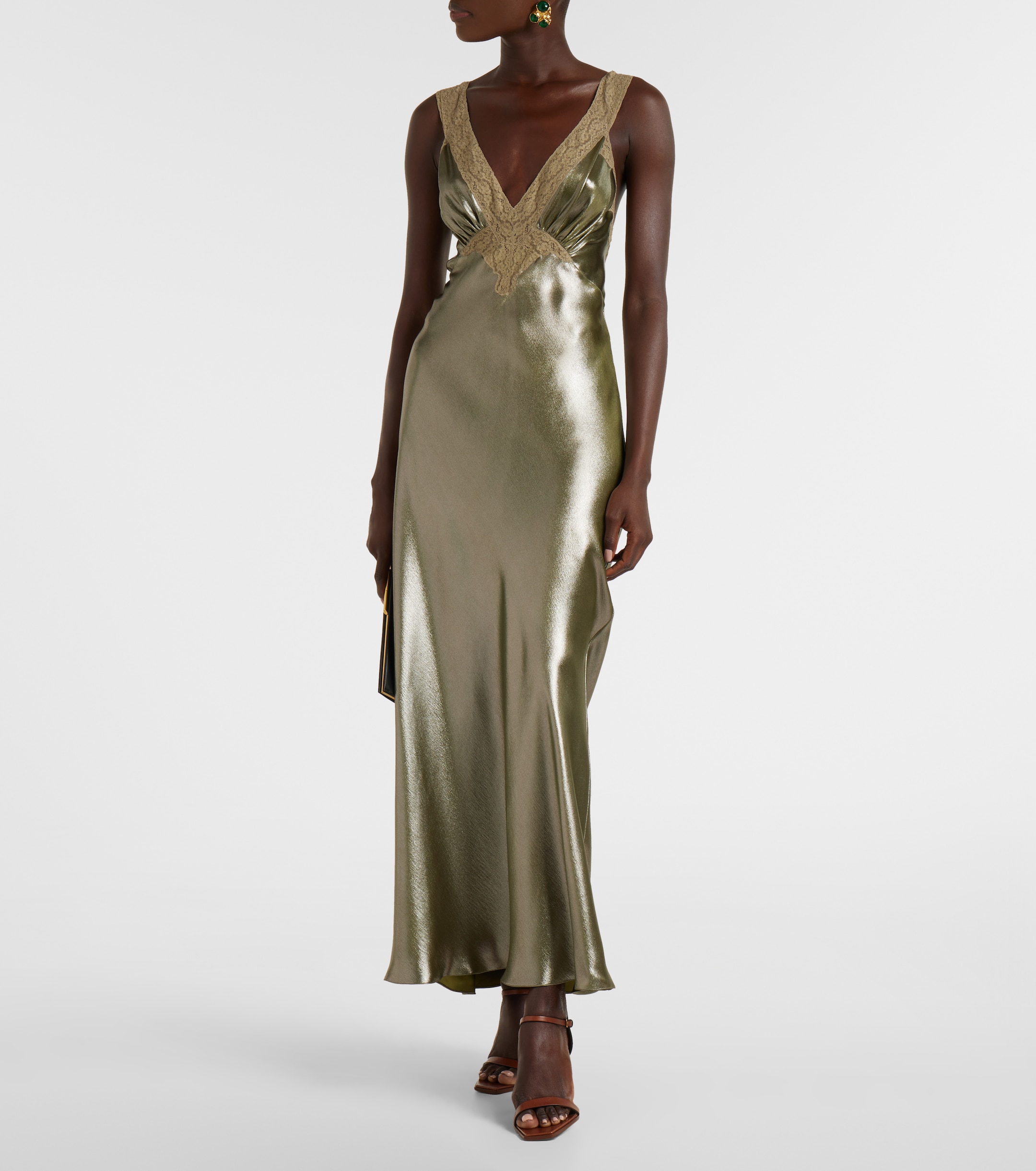 Saint Laurent Lace-trimmed silk charmeuse slip dress