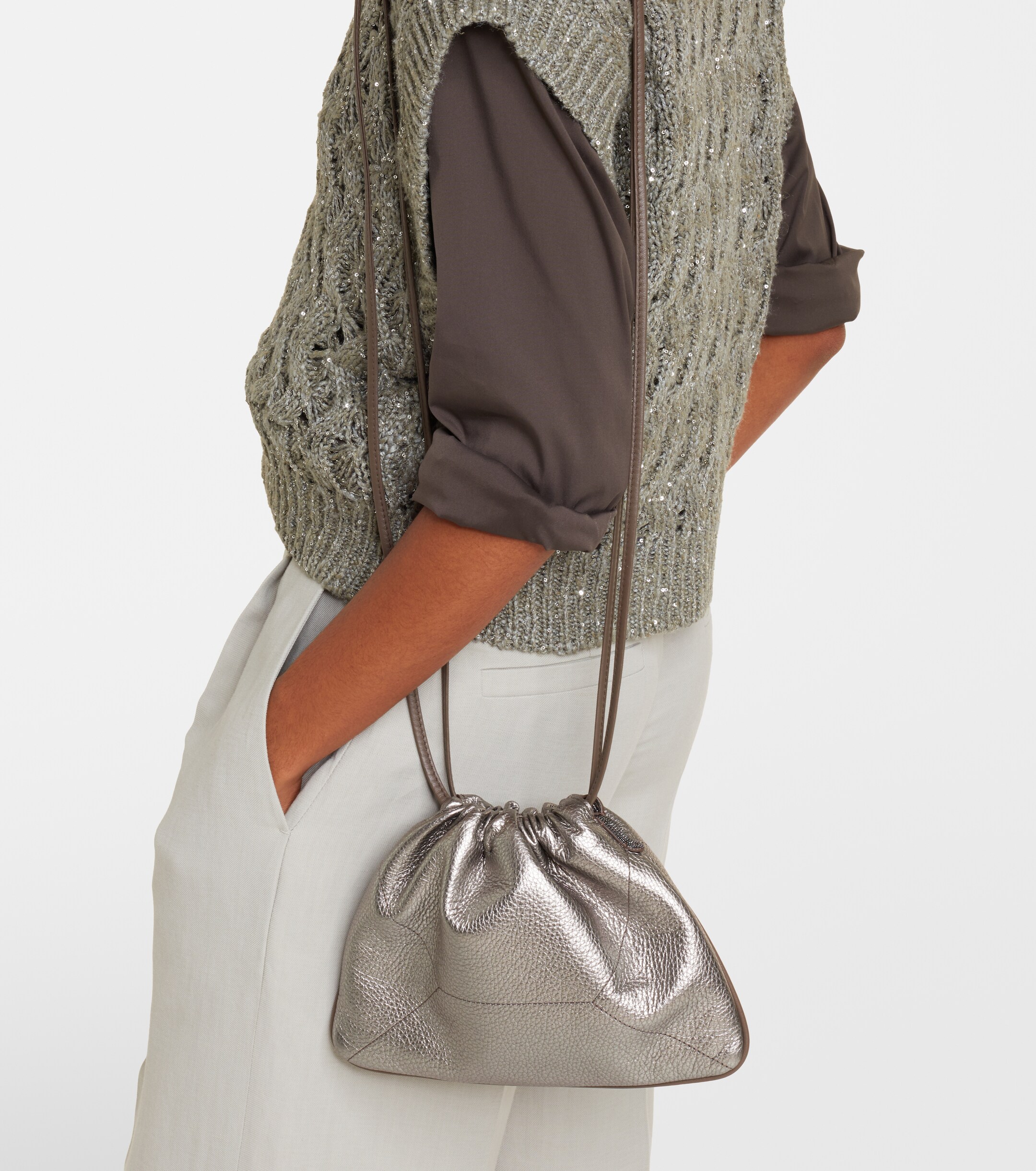 Brunello Cucinelli Monili Small metallic leather crossbody bag