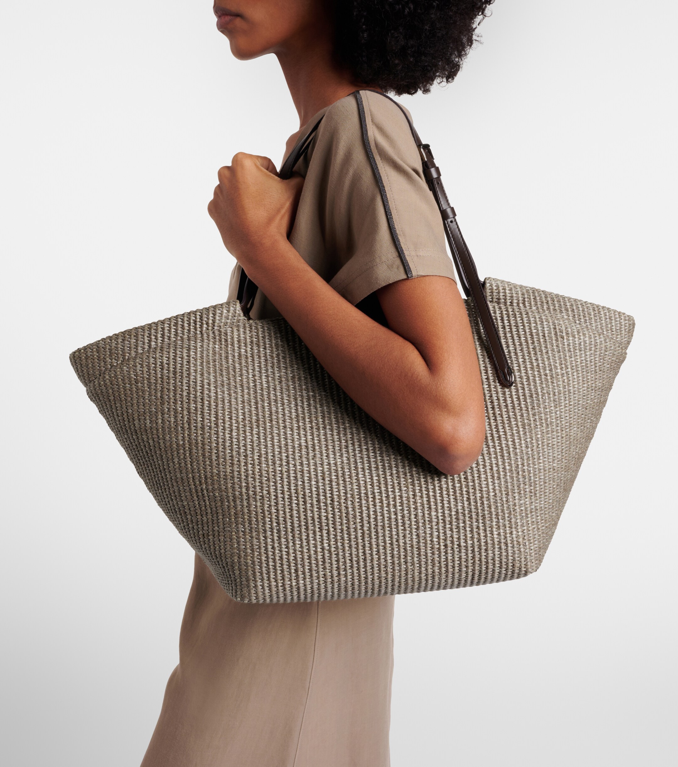 Brunello Cucinelli Leather-trimmed raffia tote bag