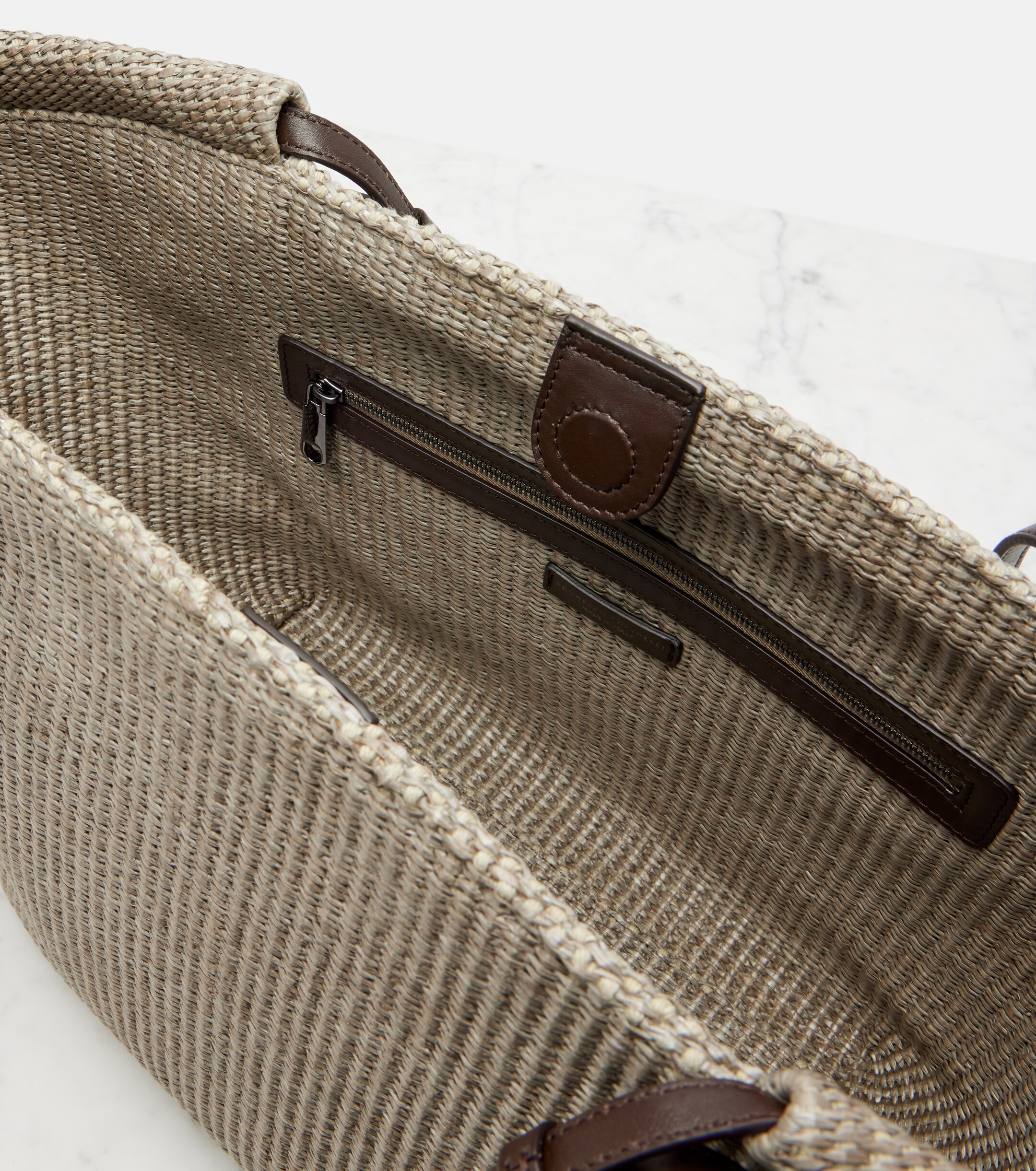Brunello Cucinelli Leather-trimmed raffia tote bag