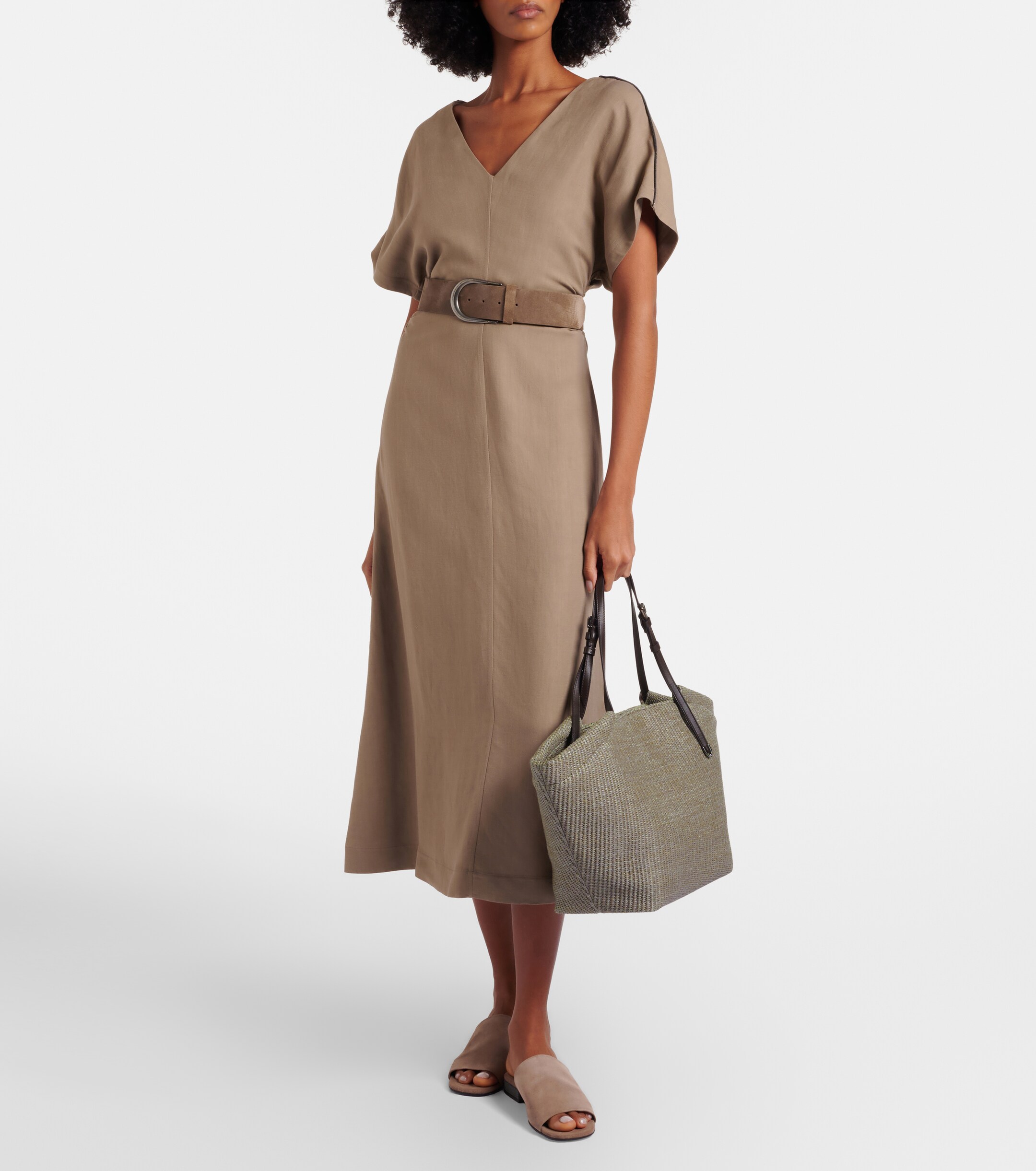 Brunello Cucinelli Leather-trimmed raffia tote bag