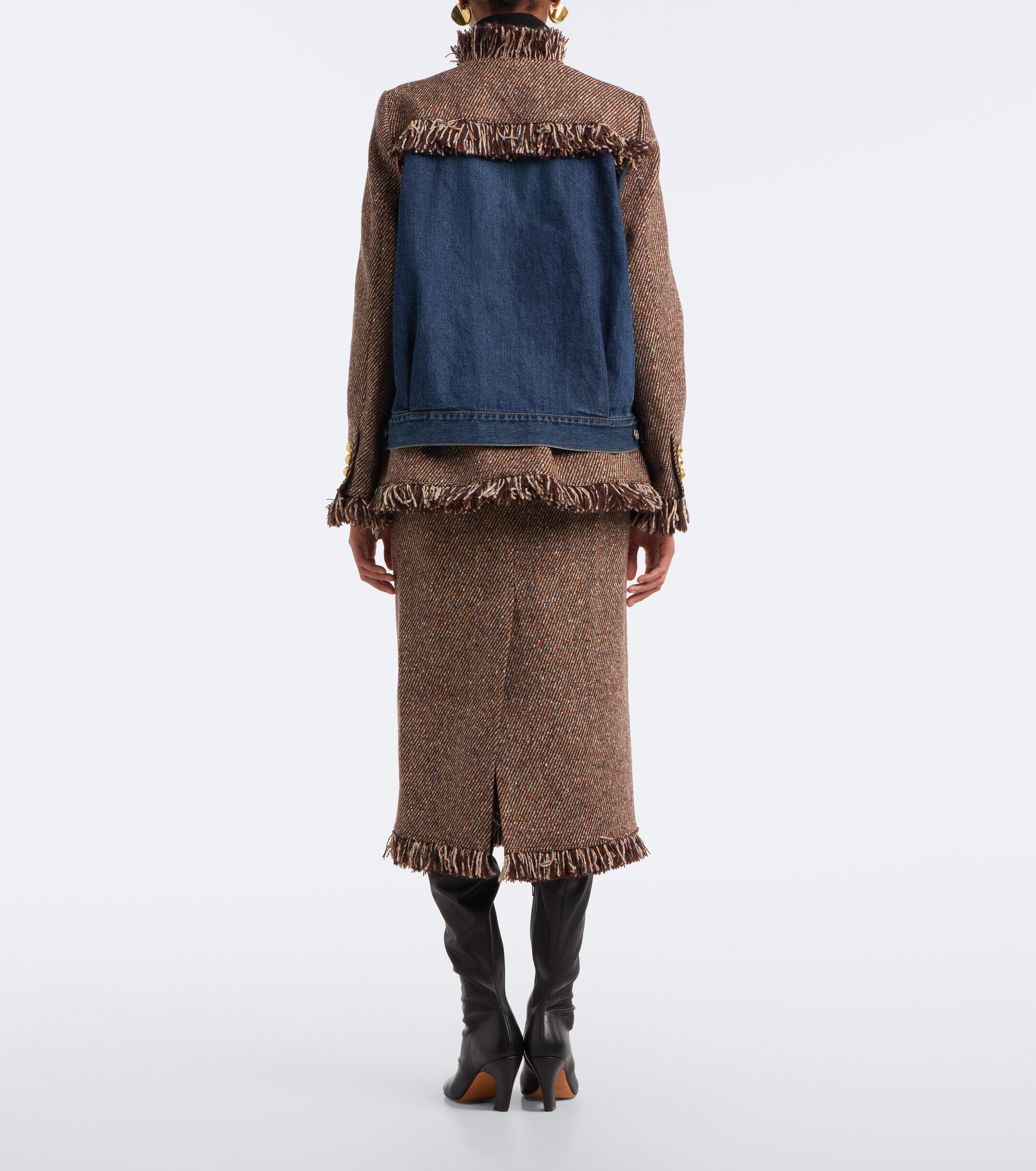 Sacai Sacai Fringed peplum tweed midi skirt