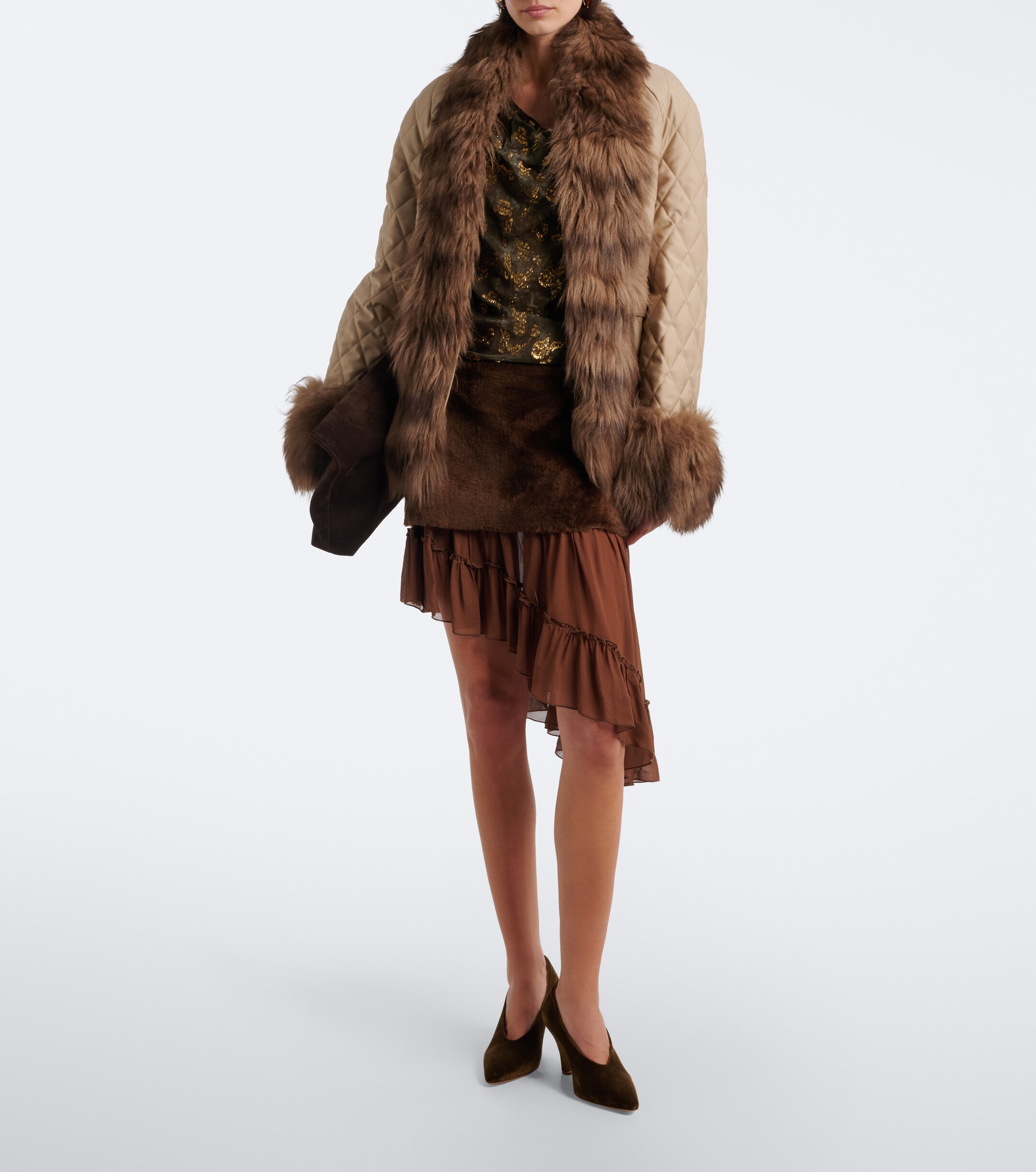 Jacques Wei Jacques Wei Layered shearling and chiffon miniskirt