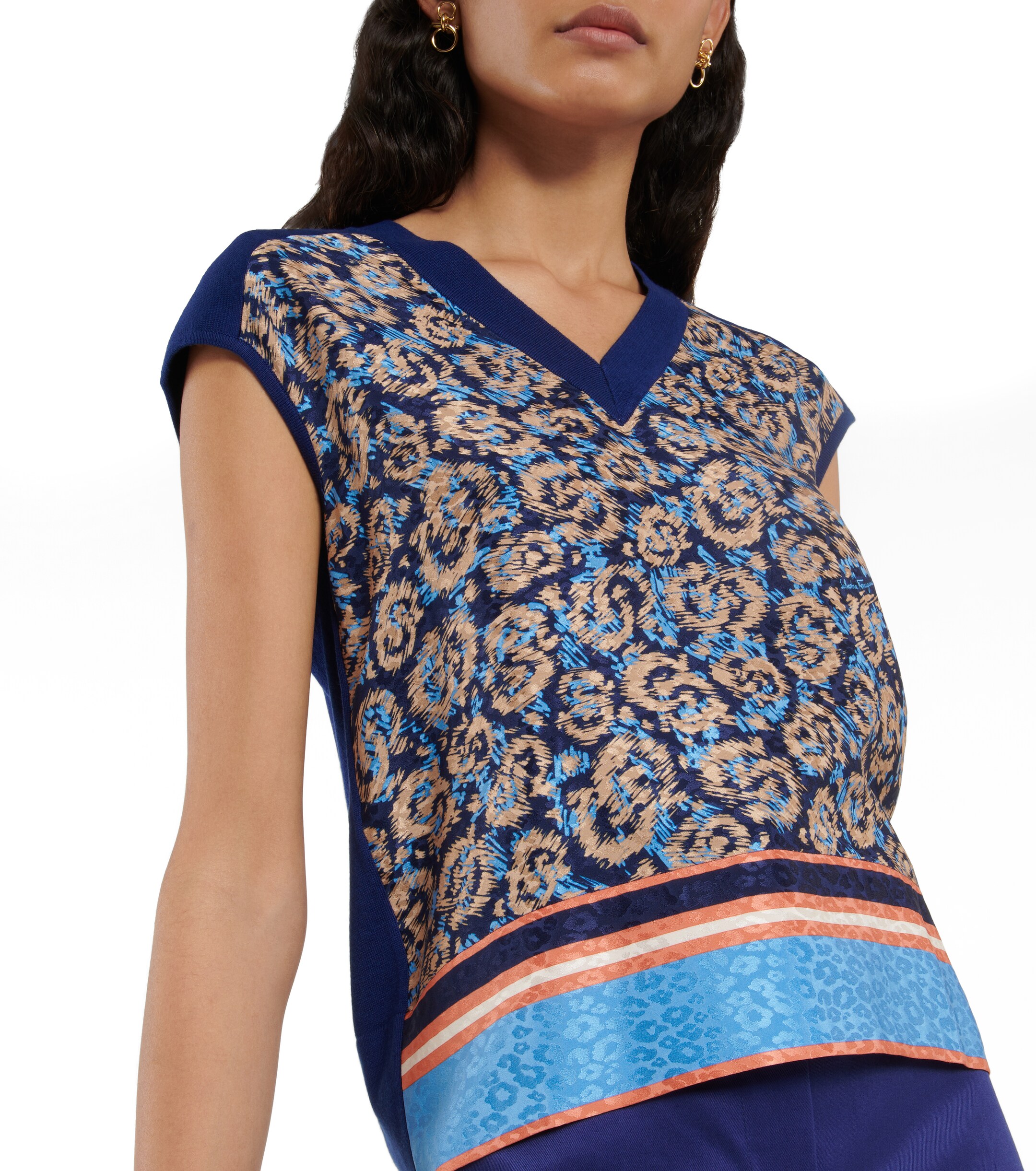 Ferragamo Silk-paneled cotton knit top