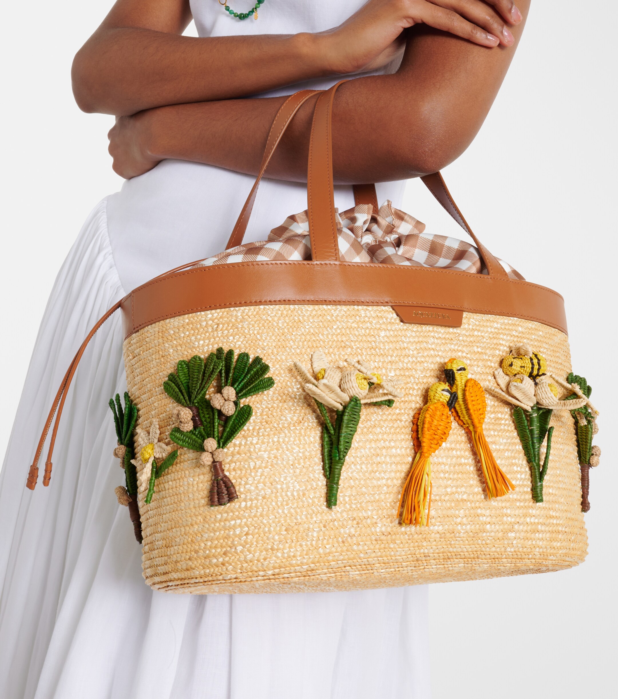 AQUAZZURA Birdsong appliqué raffia tote bag