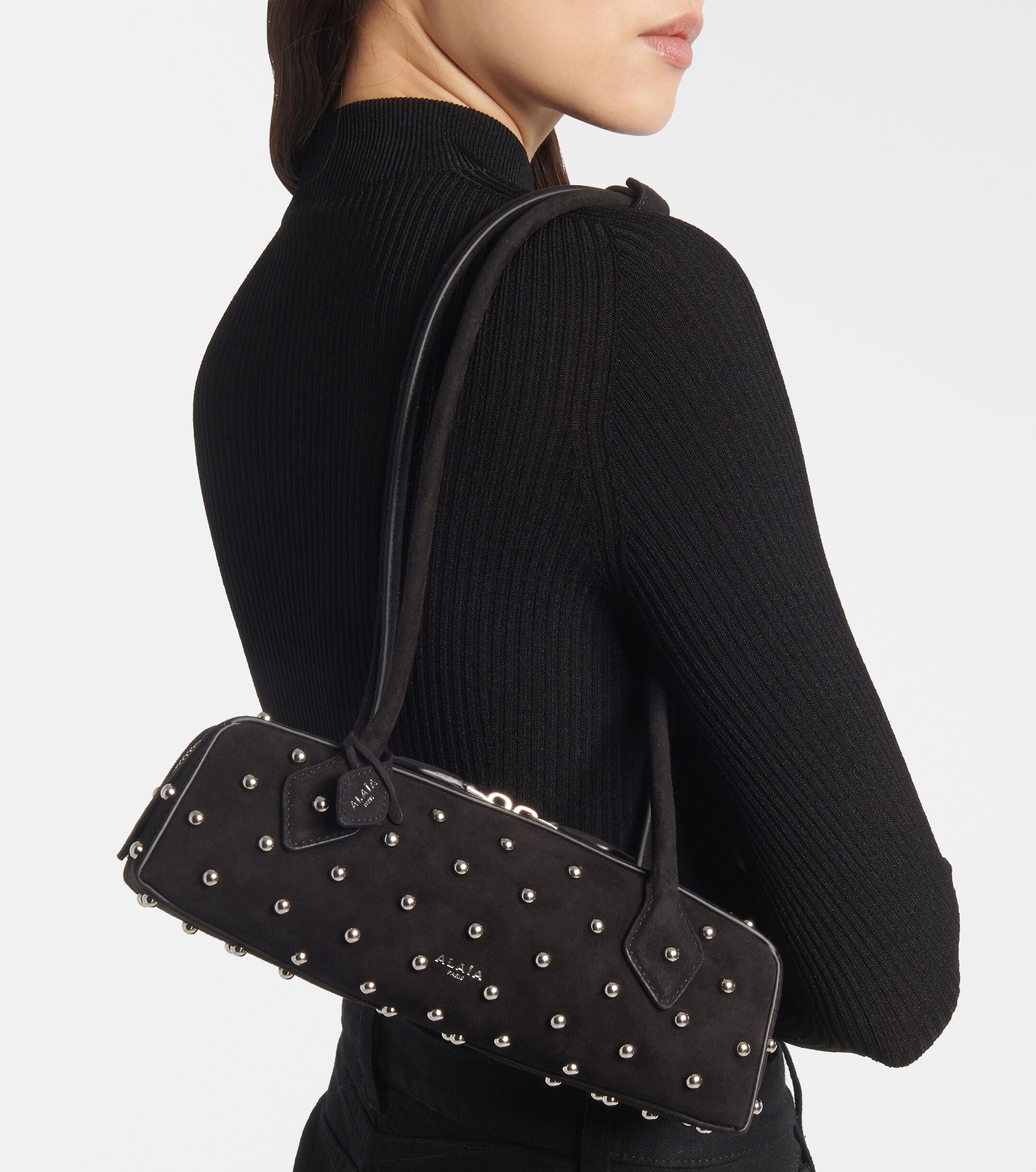 Alaïa Le Teckel Small studded suede shoulder bag