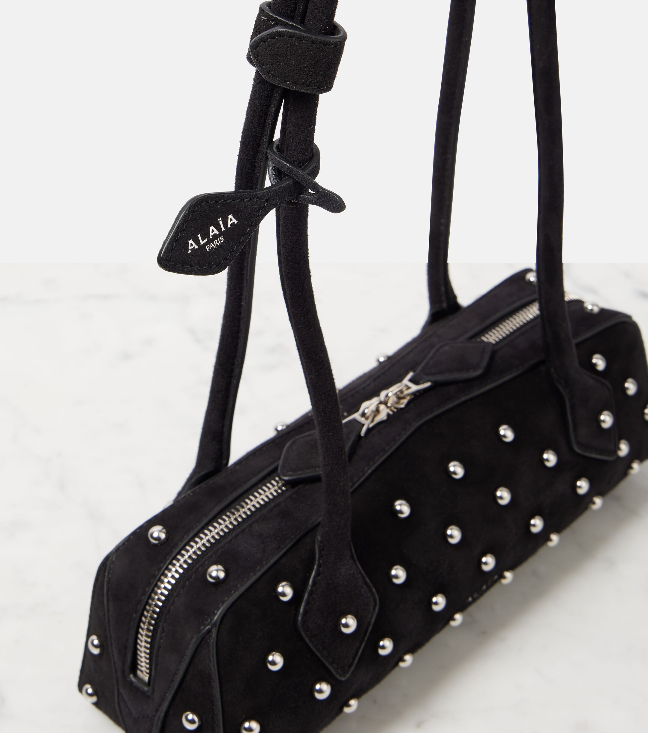 Alaïa Le Teckel Small studded suede shoulder bag