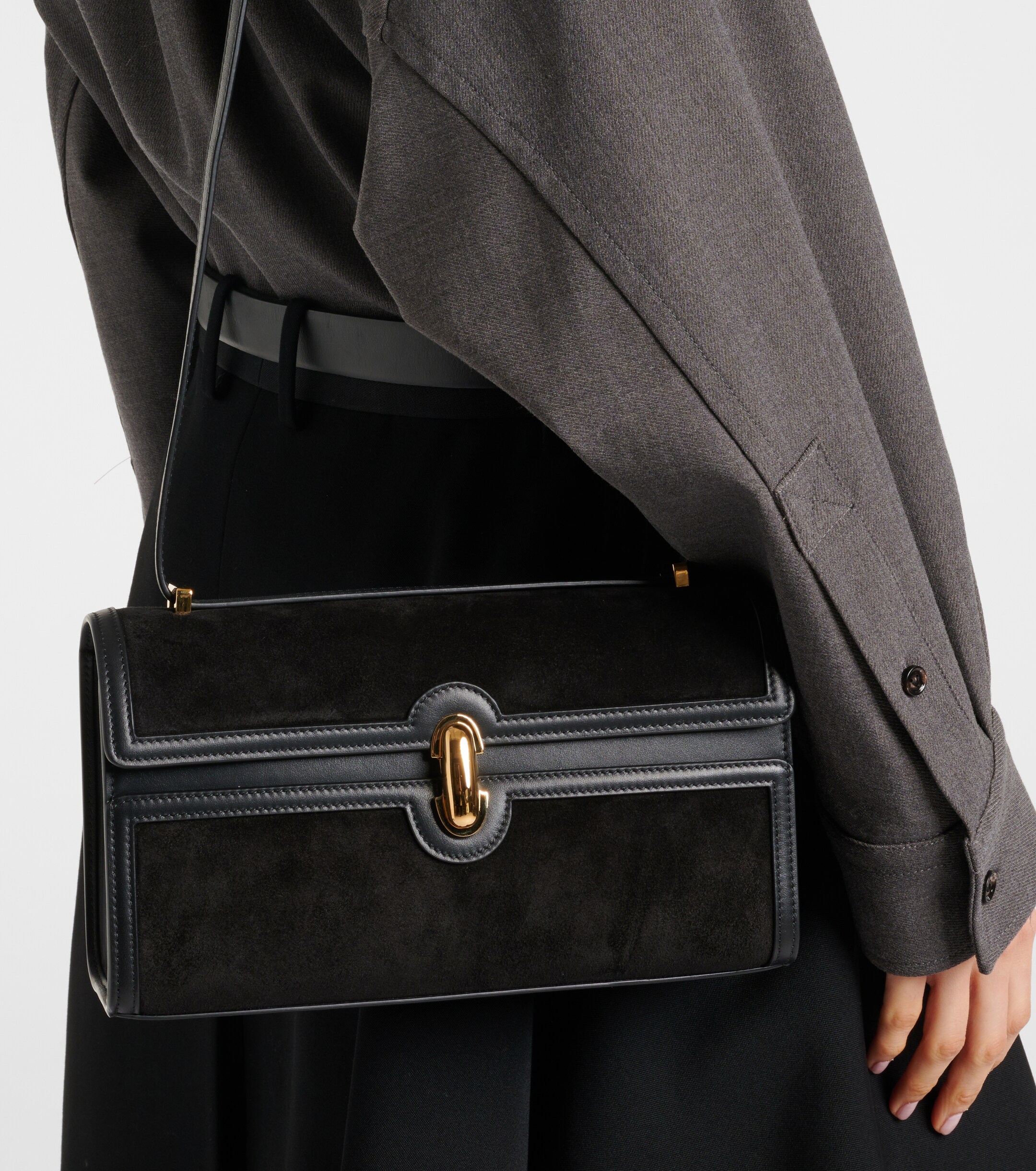 Savette Symmetry 26 leather-trimmed suede shoulder bag thumbnail