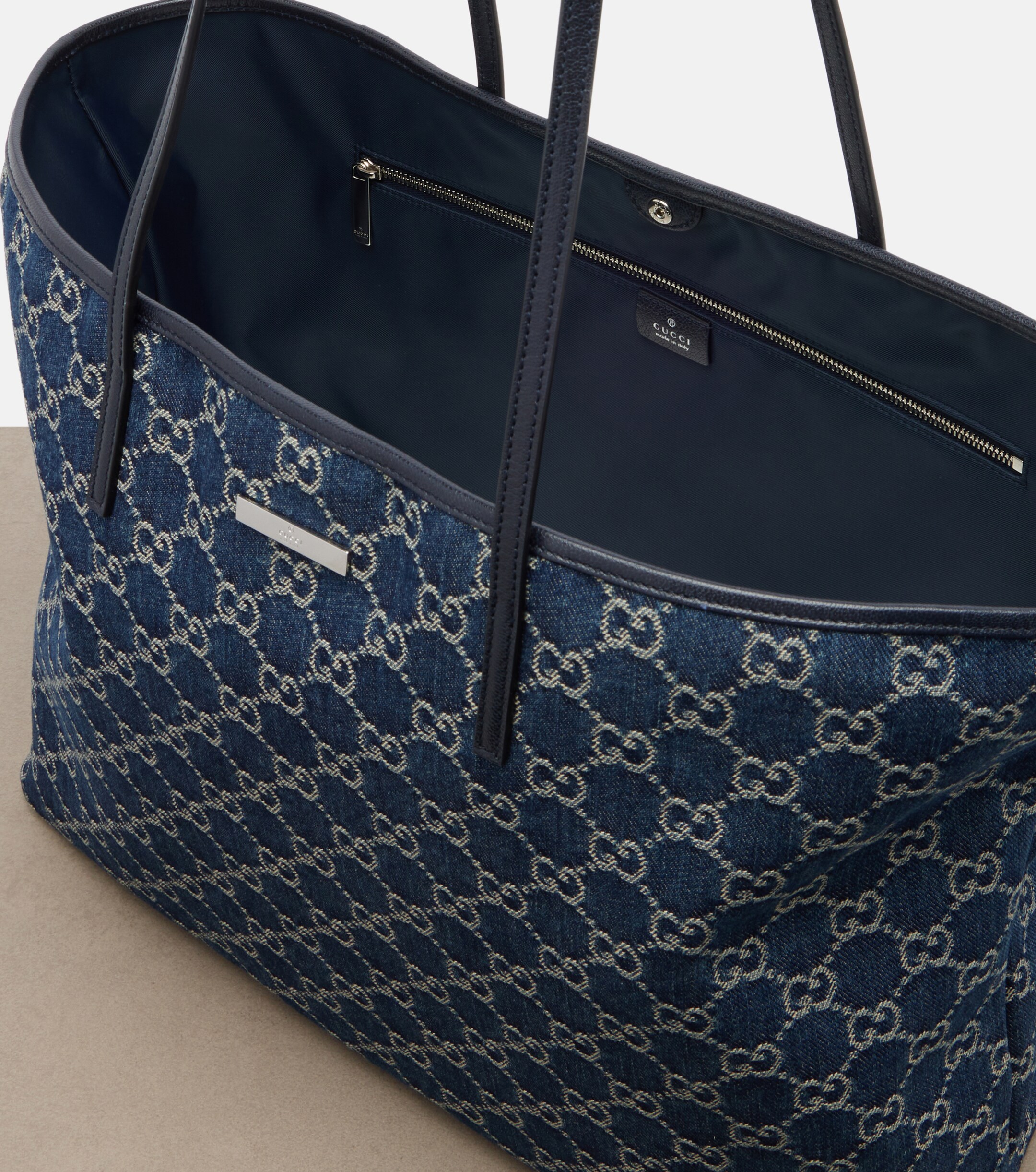 Gucci Essence Large leather-trimmed denim tote bag