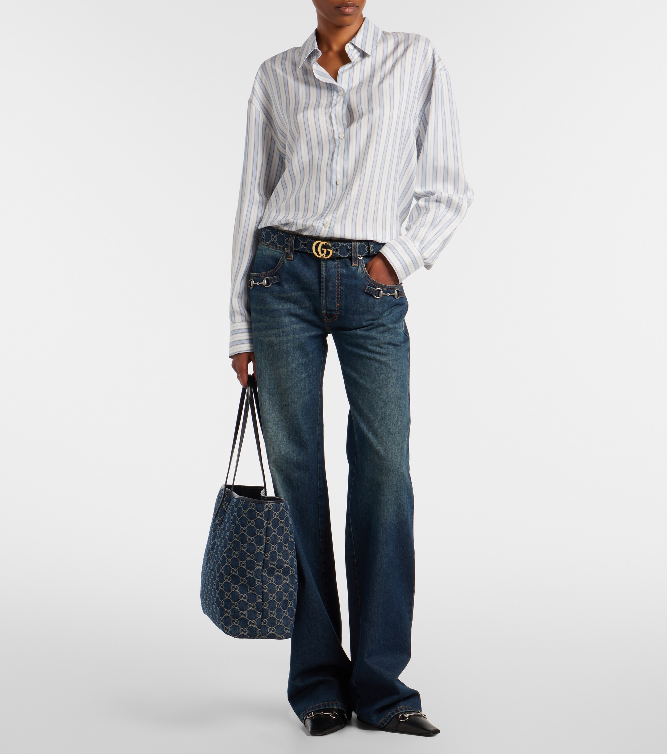 Gucci Essence Large leather-trimmed denim tote bag