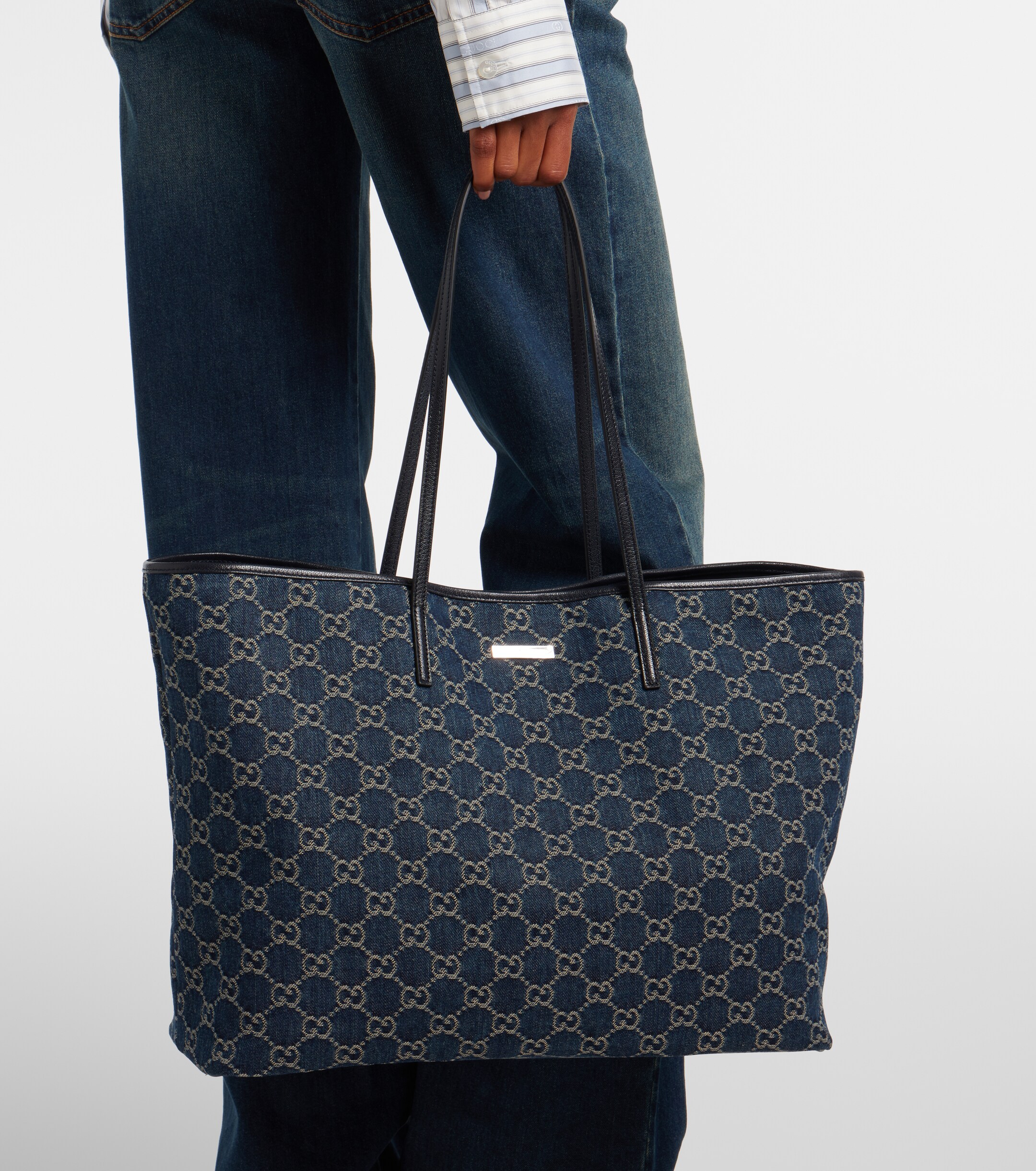 Gucci Essence Large leather-trimmed denim tote bag