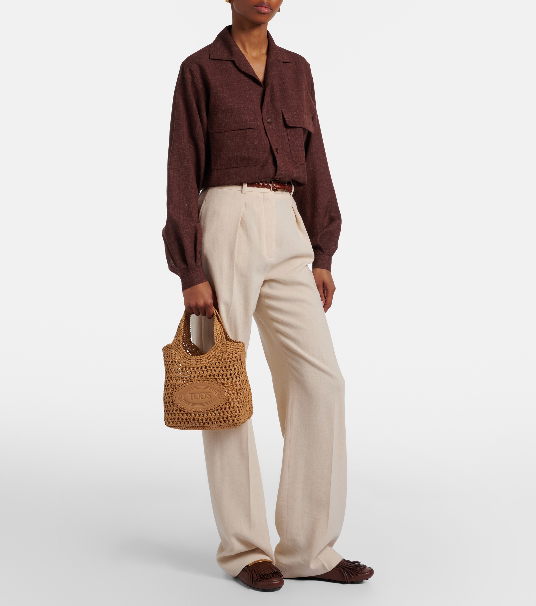 Tod's Logo leather-trimmed raffia top-handle bag