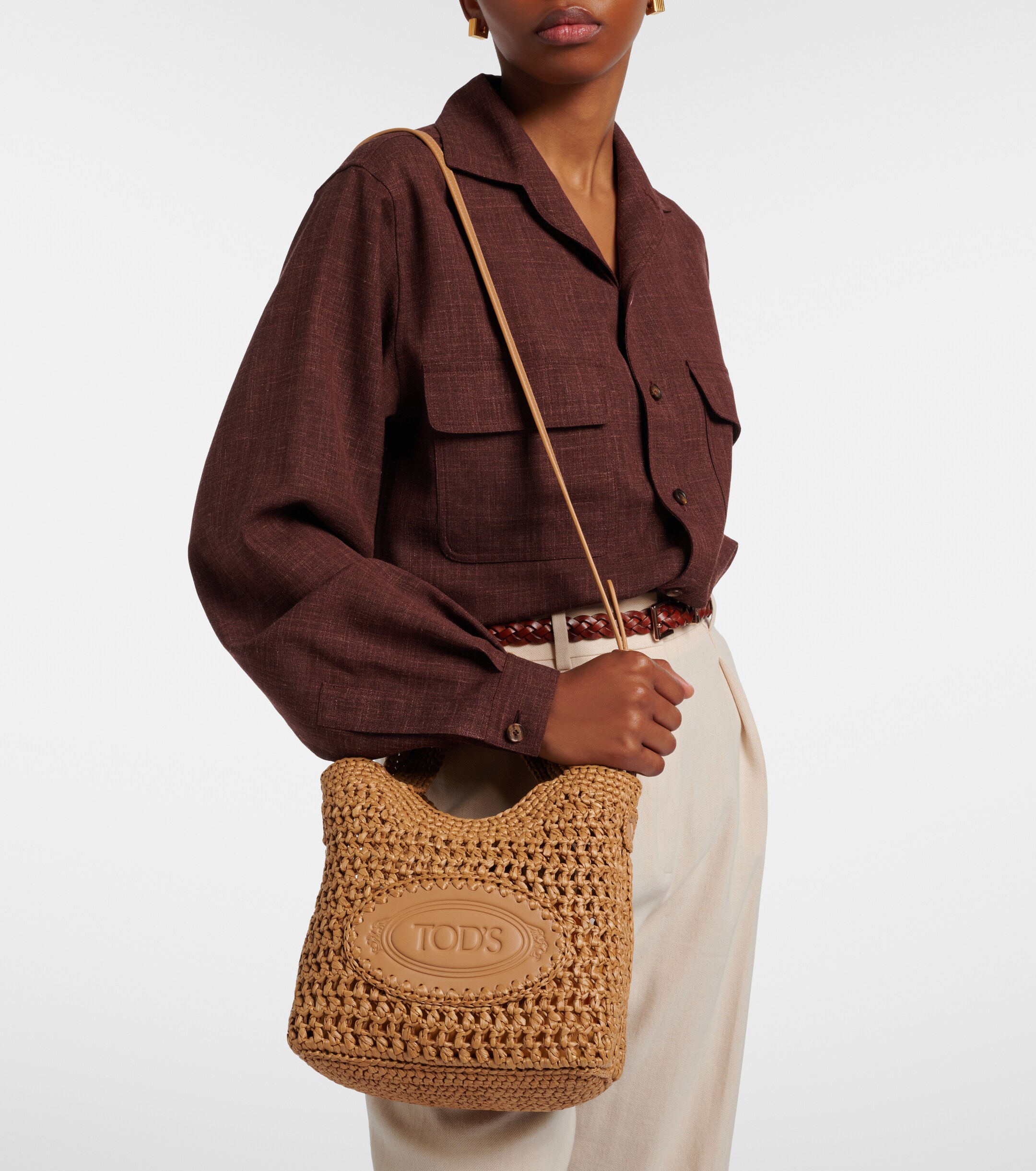 Tod's Logo leather-trimmed raffia top-handle bag