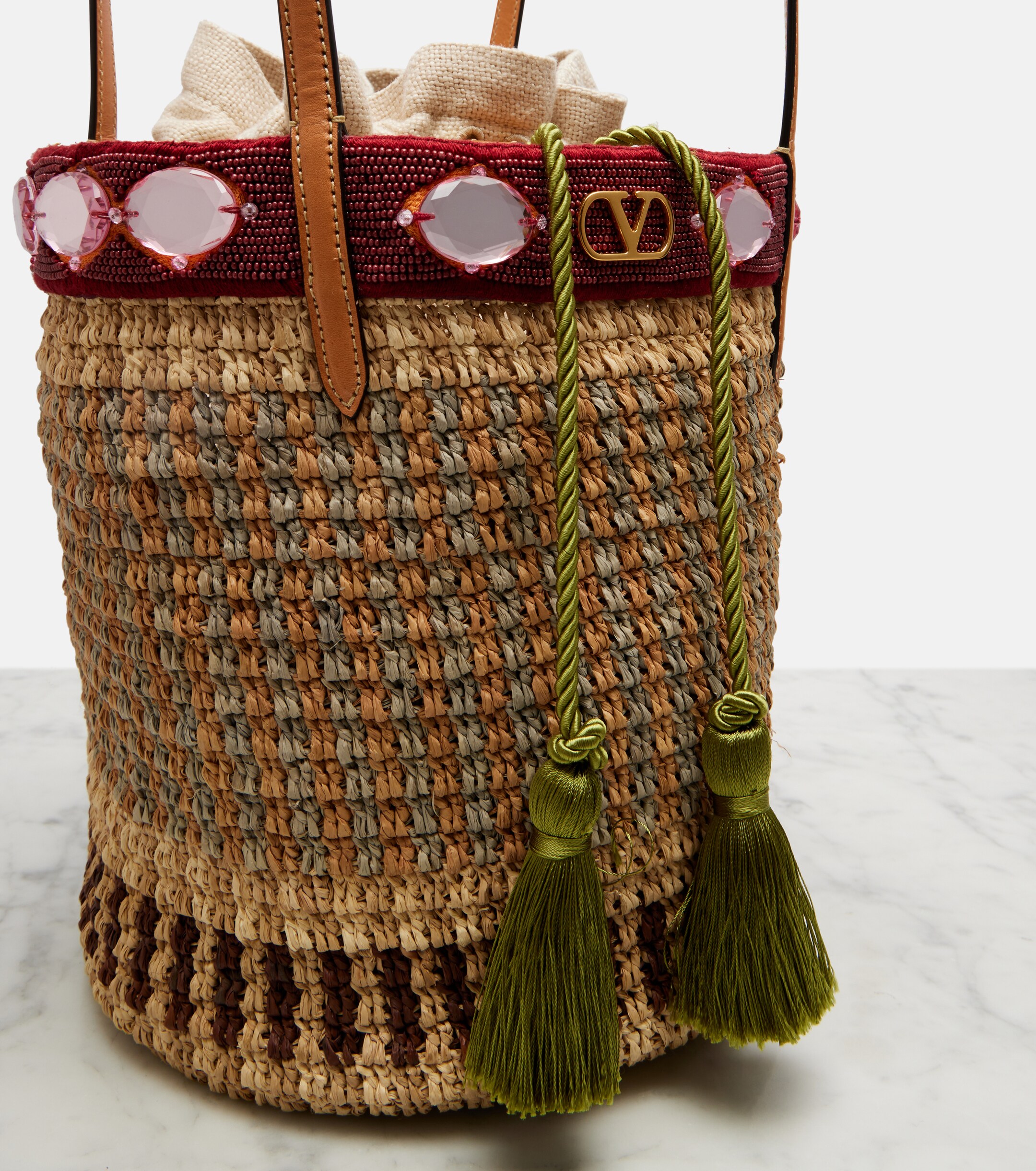 Valentino Garavani VLogo Large embellished raffia bucket bag thumbnail