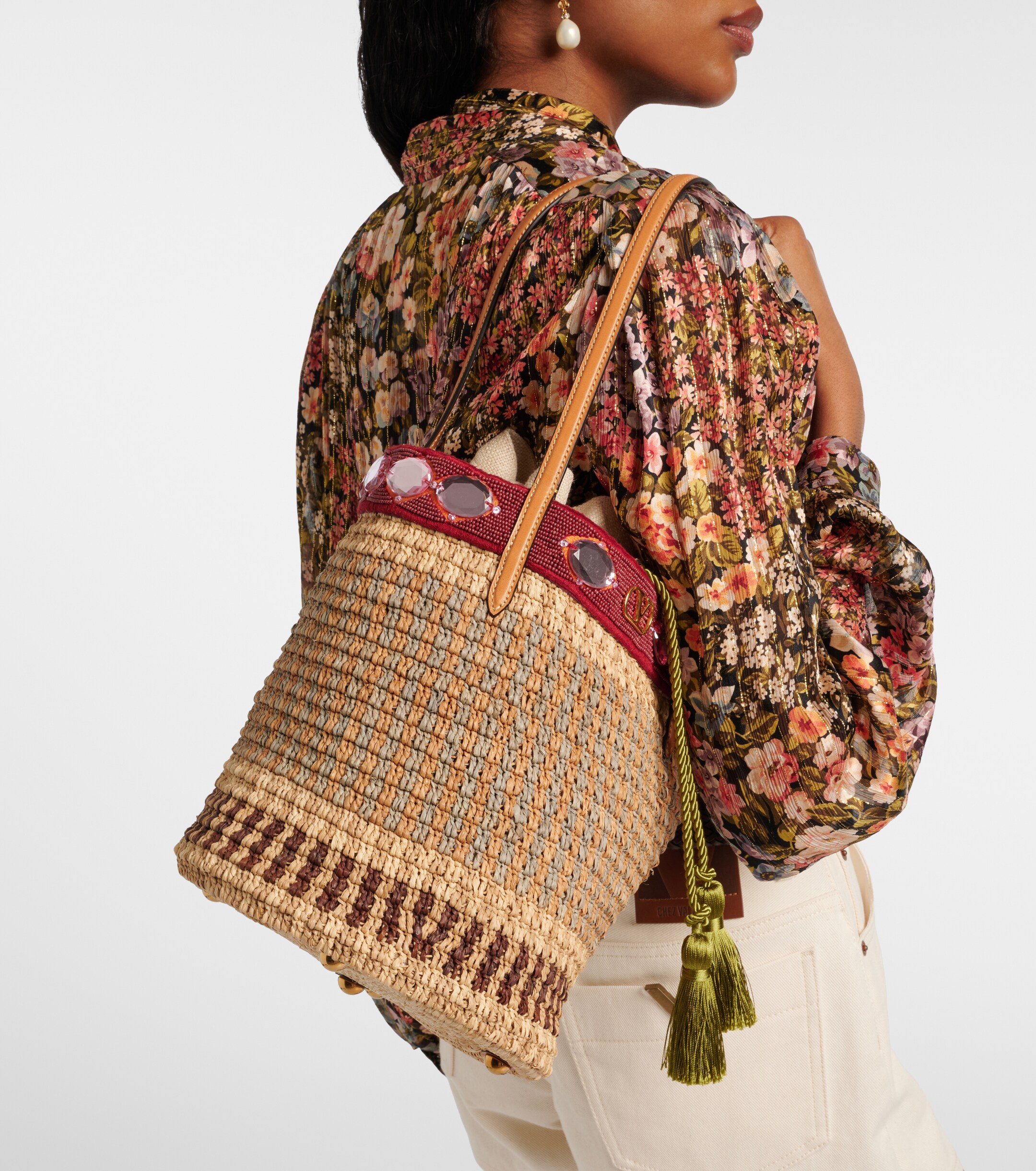 Valentino Garavani VLogo Large embellished raffia bucket bag thumbnail