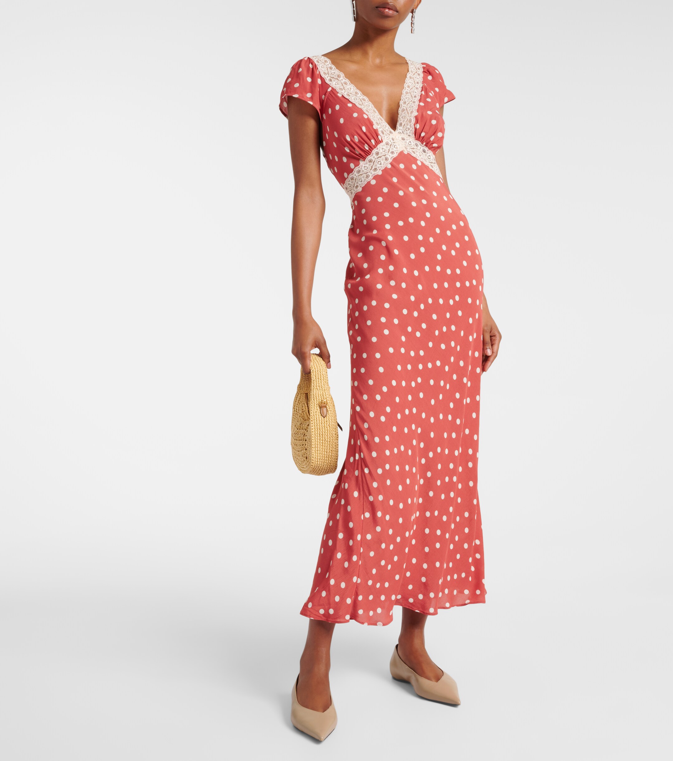 rixo iggy polka-dot lace-trimmed satin midi dress Rixo Iggy Polka-Dot Lace-Trimmed Midi Dress - Multicoloured - 30% Off