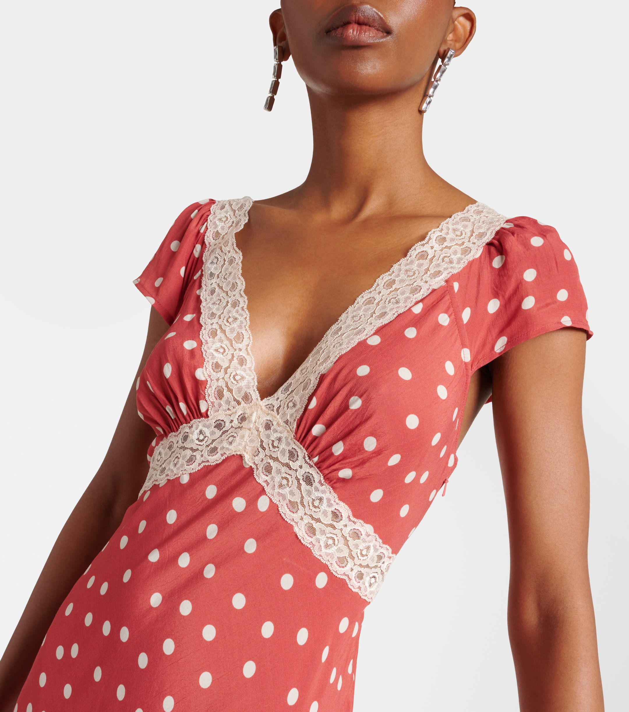 rixo iggy polka-dot lace-trimmed satin midi dress RIXO - Iggy polka-dot lace-trimmed satin midi dress