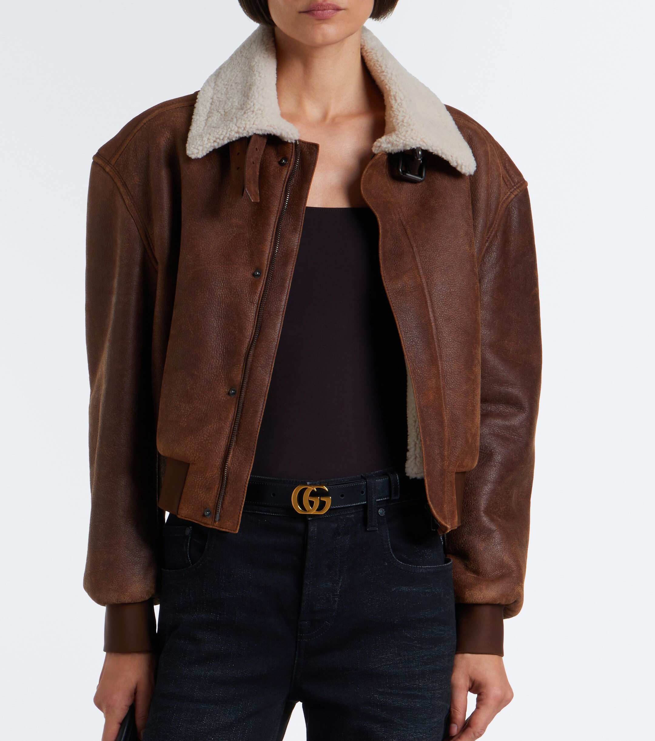 Gucci Gucci Shearling-trimmed leather blouson jacket