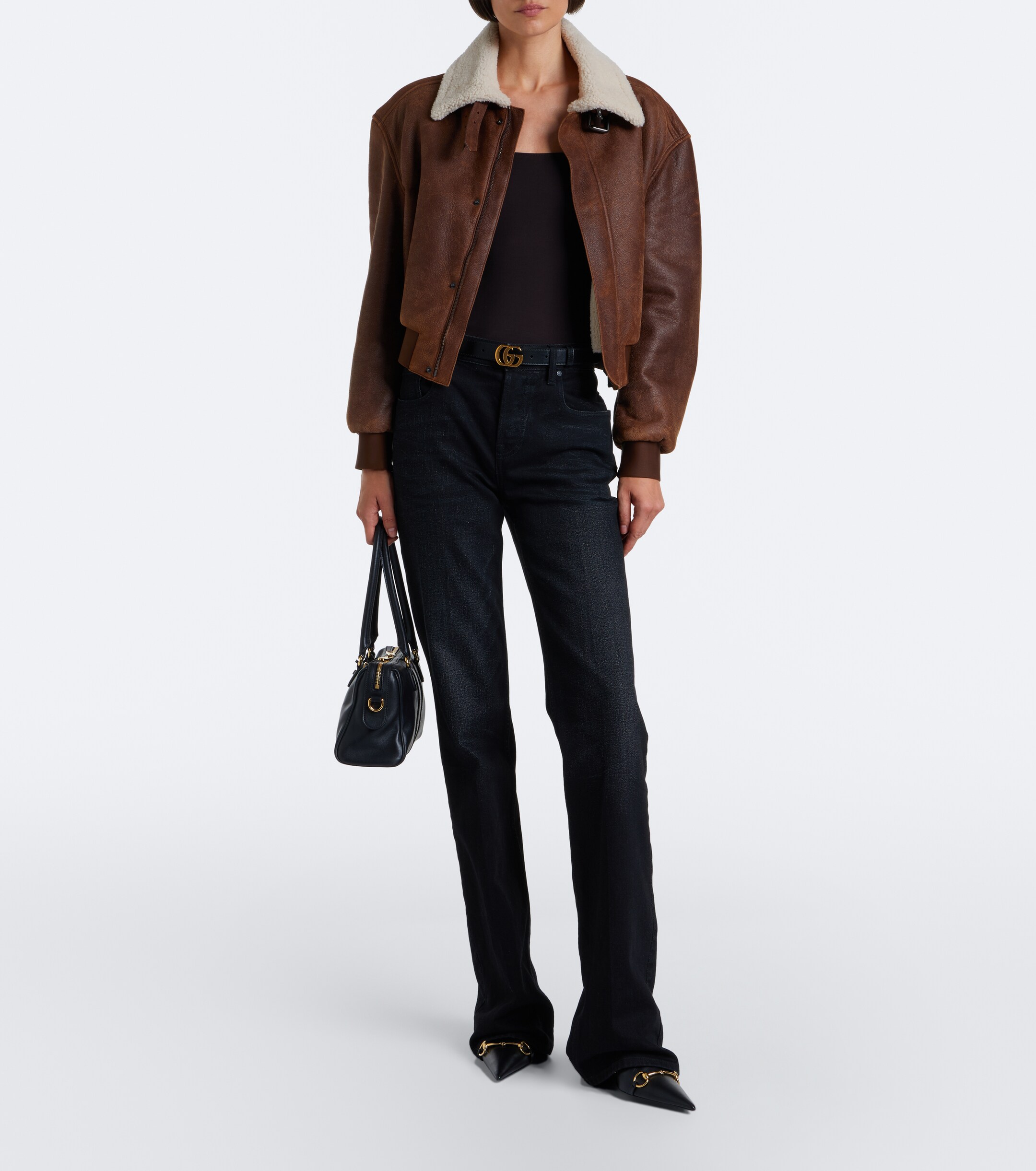 Gucci Gucci Shearling-trimmed leather blouson jacket