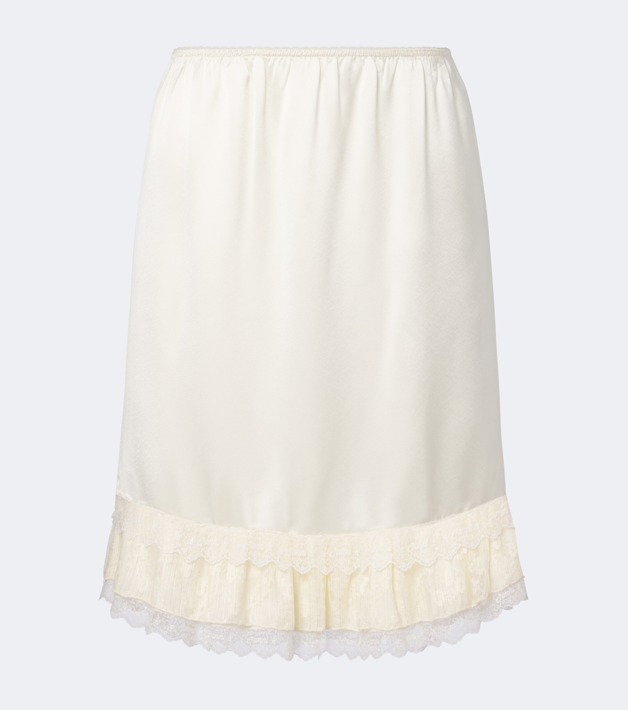 GANNI Ganni Lace-trimmed ruffled satin midi skirt