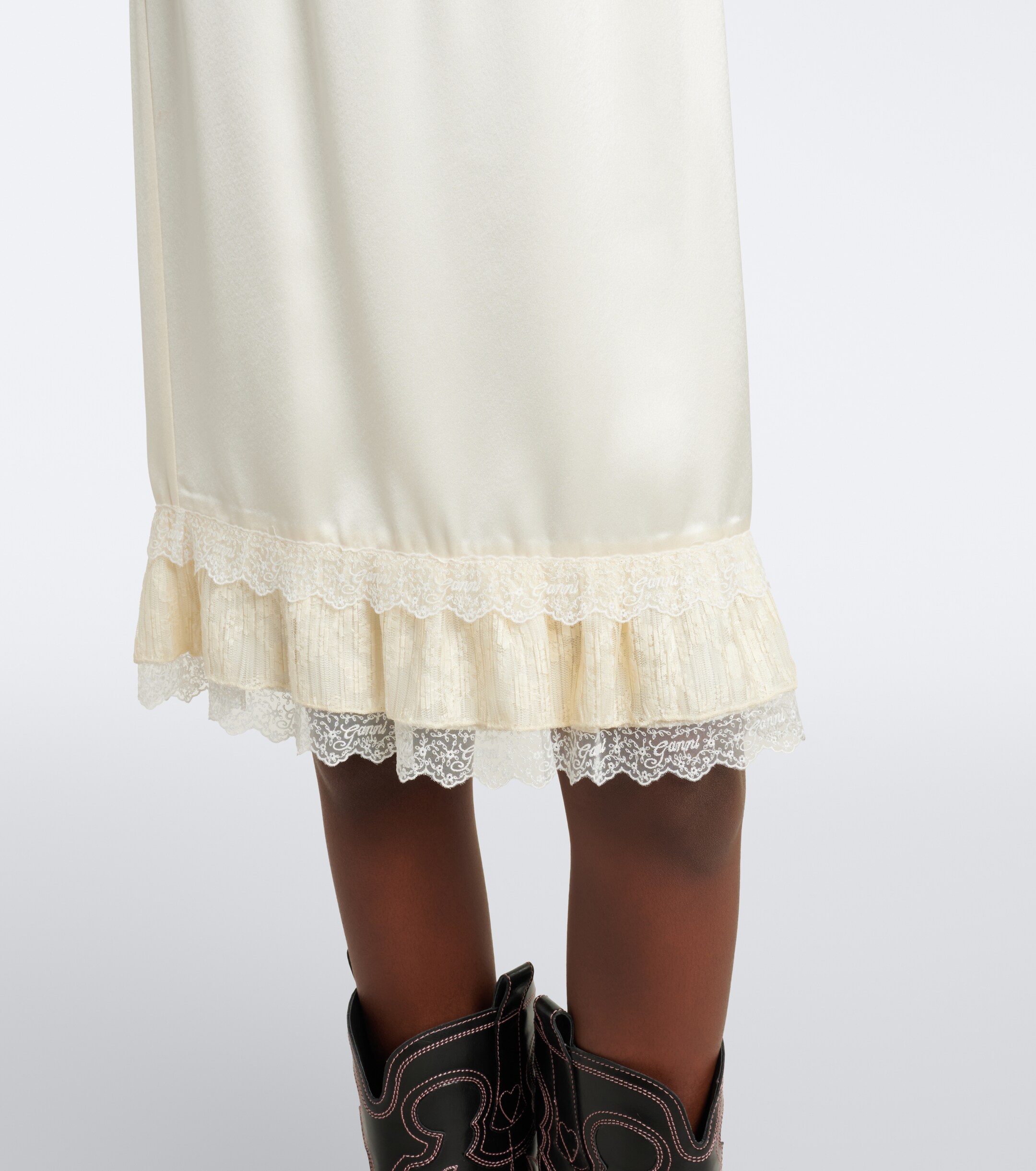 GANNI Ganni Lace-trimmed ruffled satin midi skirt