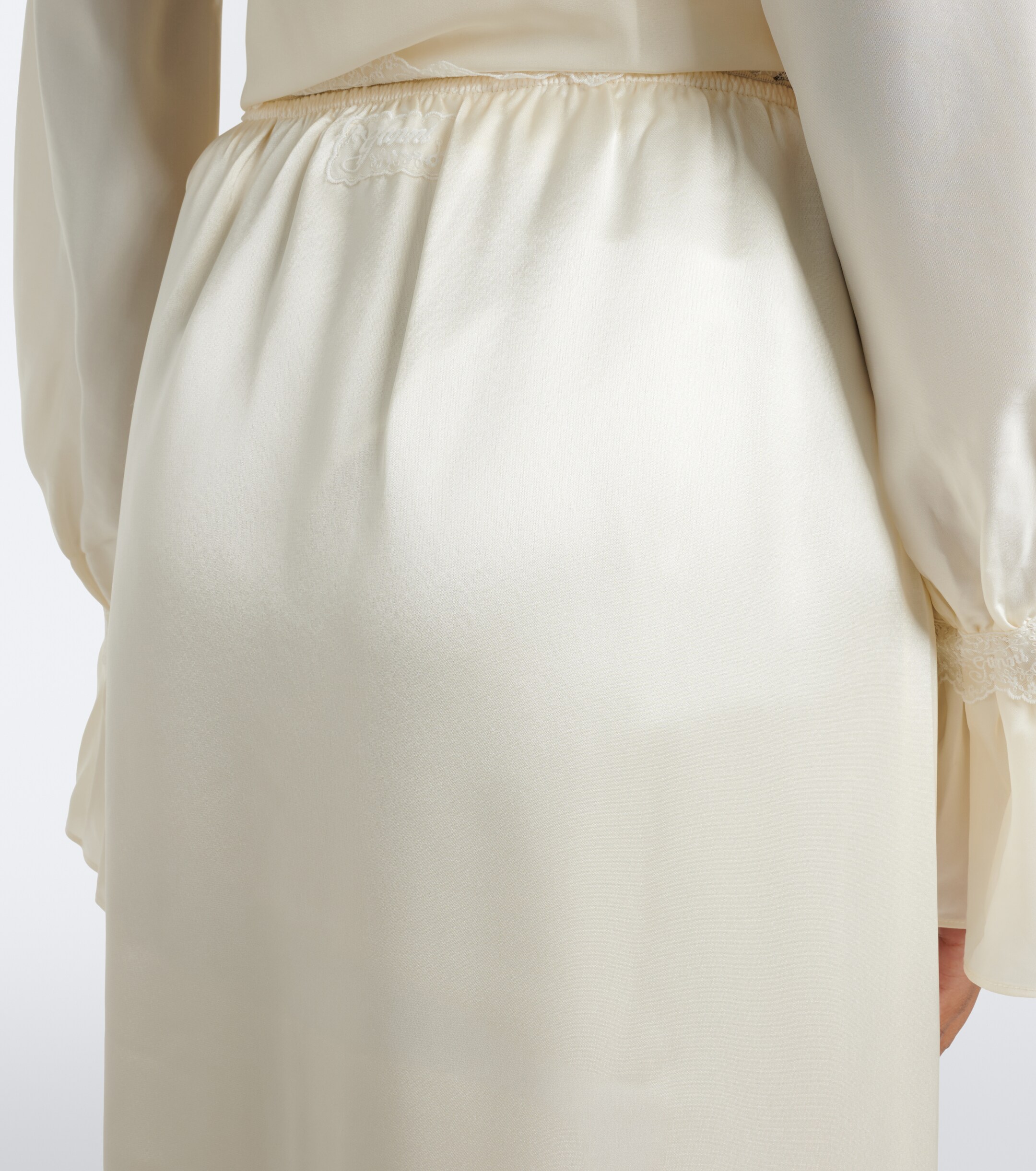 GANNI Ganni Lace-trimmed ruffled satin midi skirt