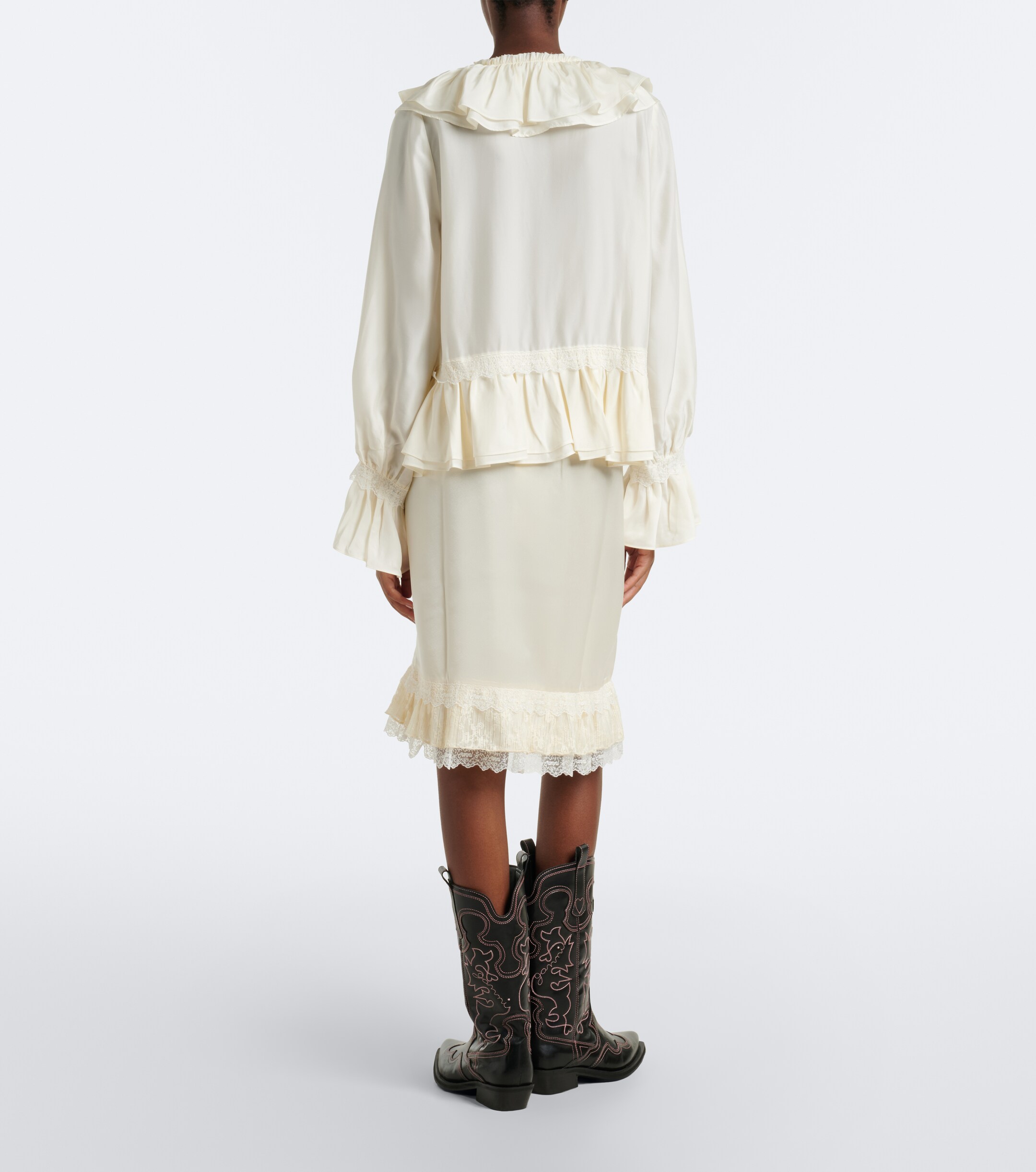 GANNI Ganni Lace-trimmed ruffled satin midi skirt