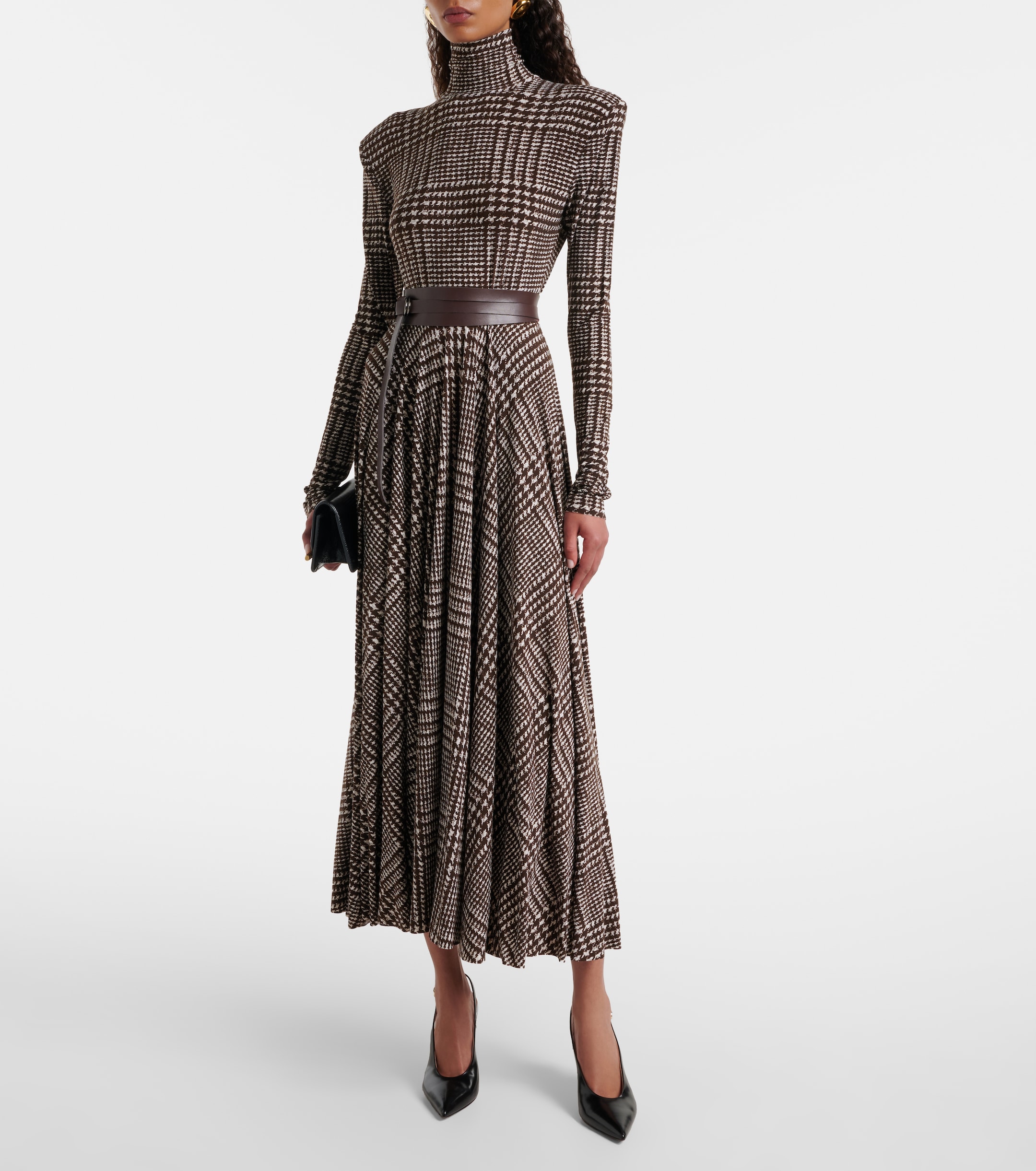 Norma Kamali - Belted houndstooth turtleneck midi dress | Plush