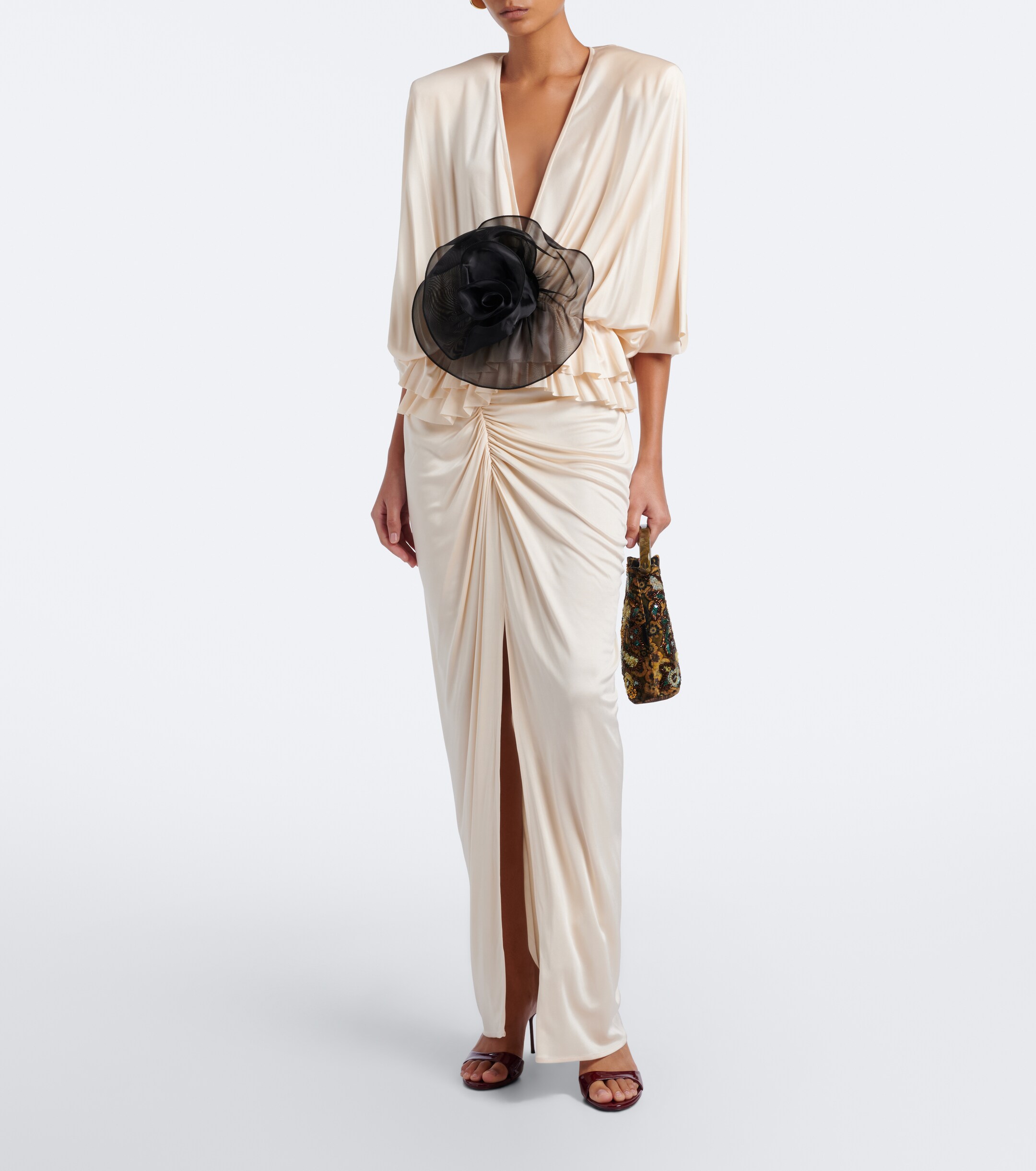 Jacques Wei Jacques Wei Floral-appliqué gathered satin maxi dress
