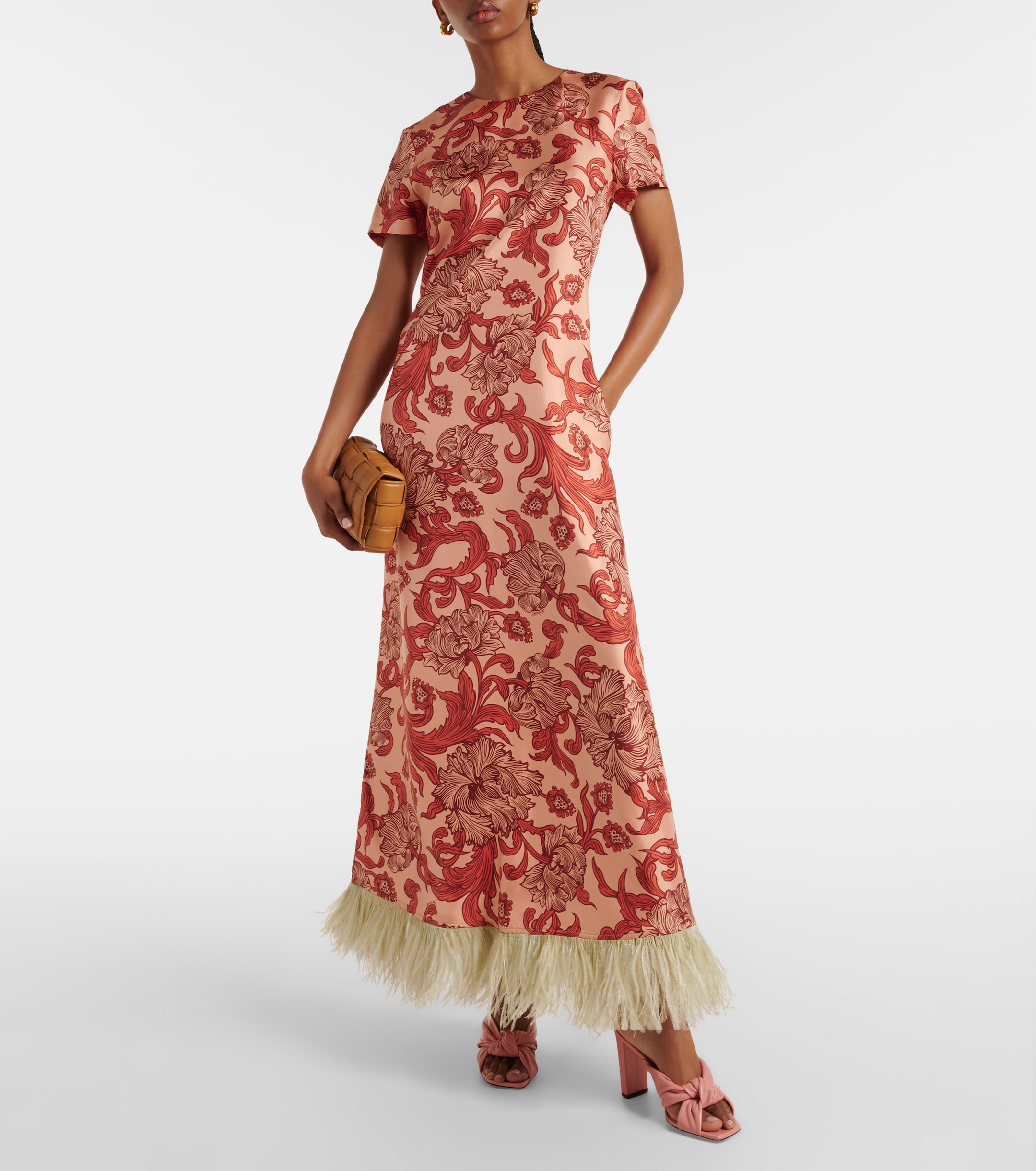 la doublej swing maxi dress Swing feather-trimmed silk twill maxi dress in multicoloured - La Double J