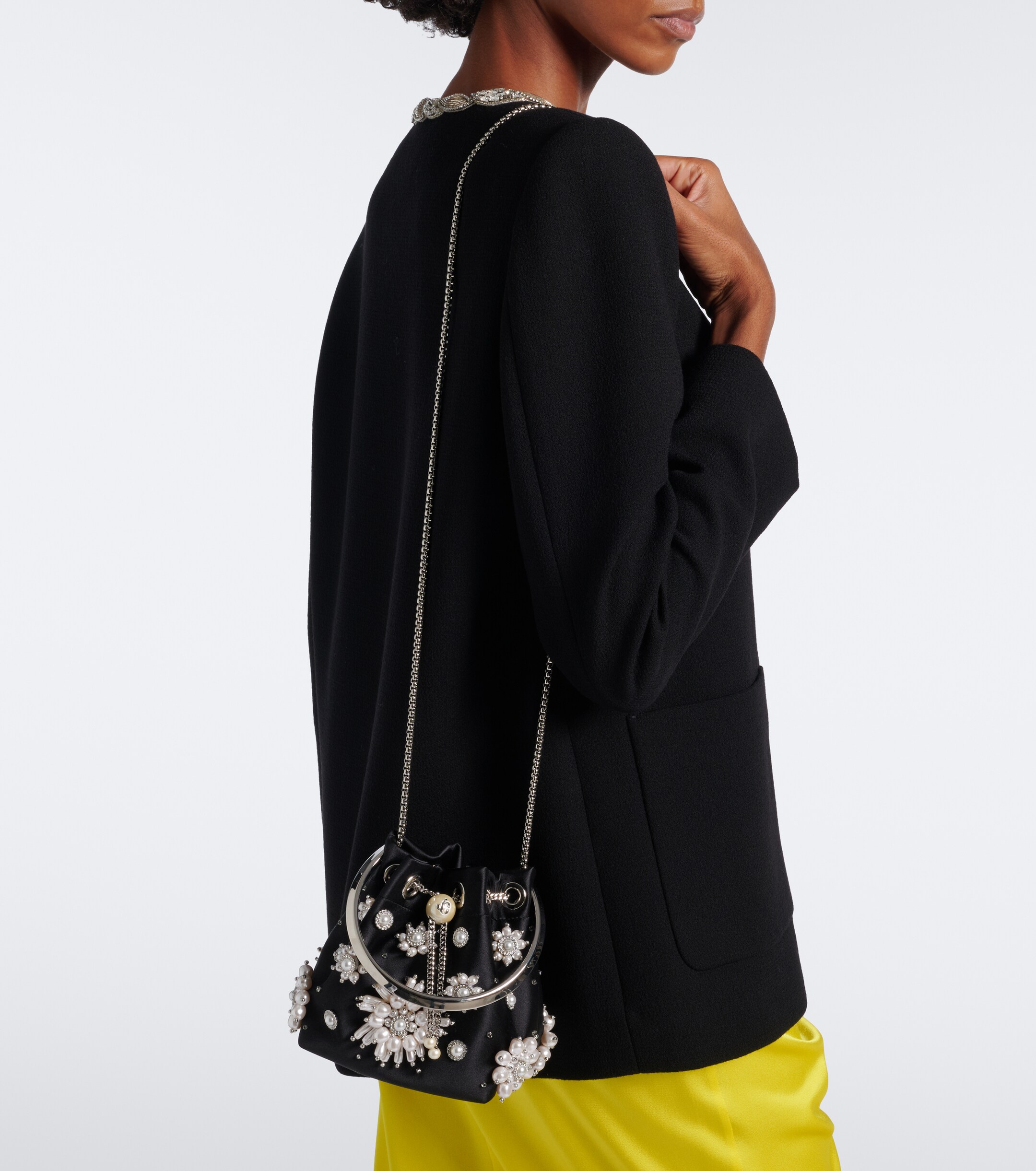 JIMMY CHOO Jimmy Choo Bon Bon embellished satin bucket bag