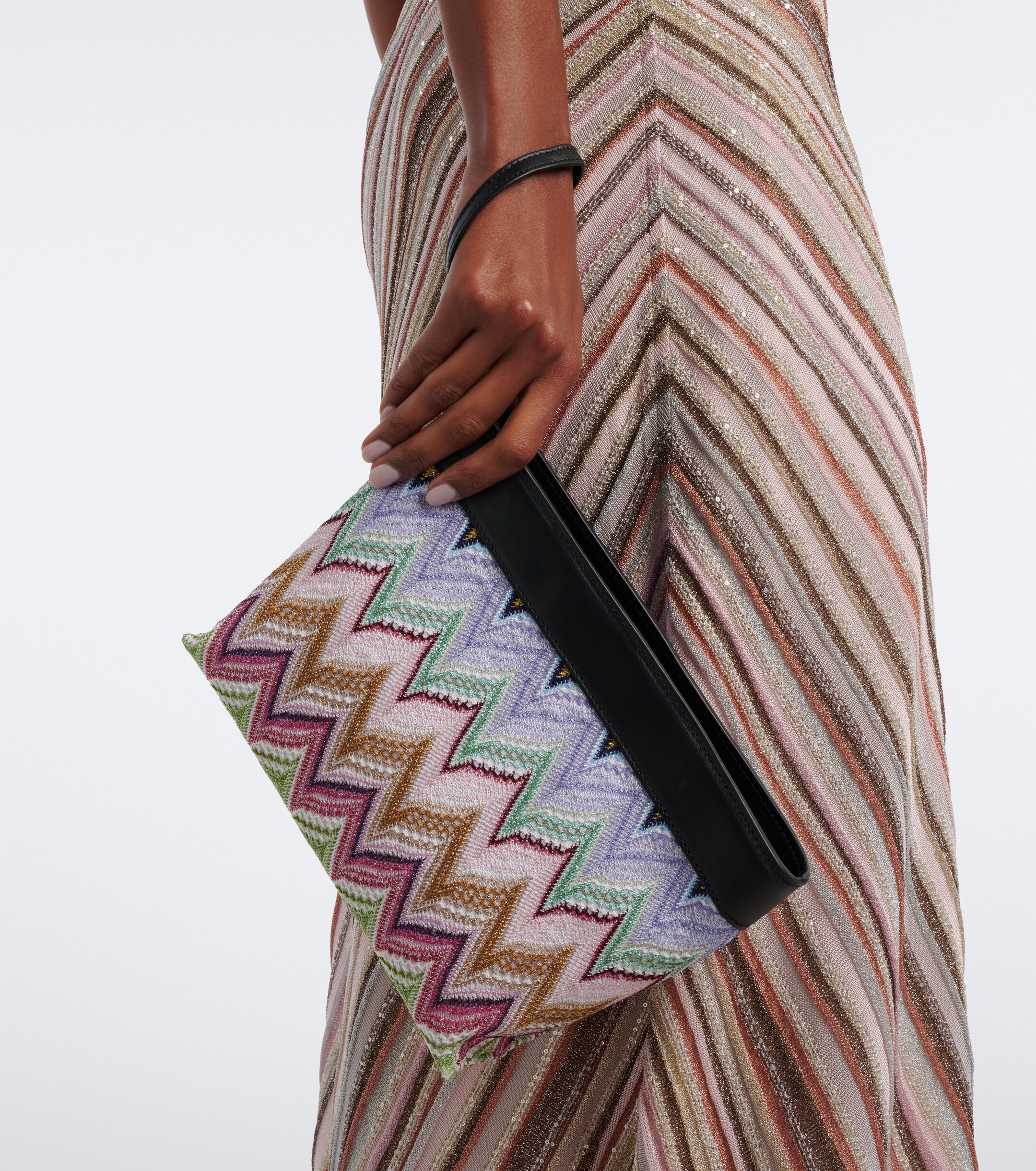 Missoni Zigzag leather-trimmed lamé pouch
