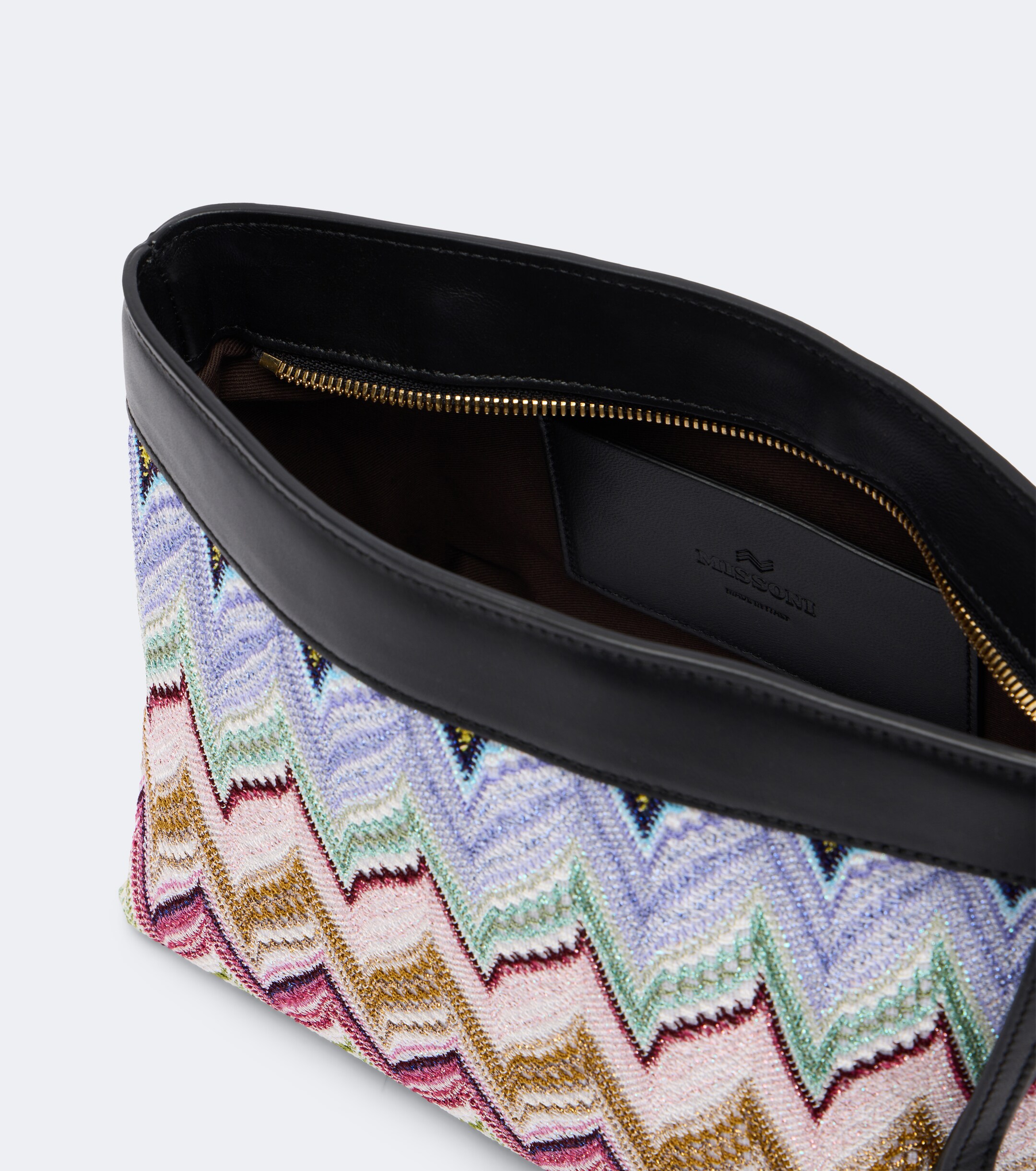 Missoni Zigzag leather-trimmed lamé pouch