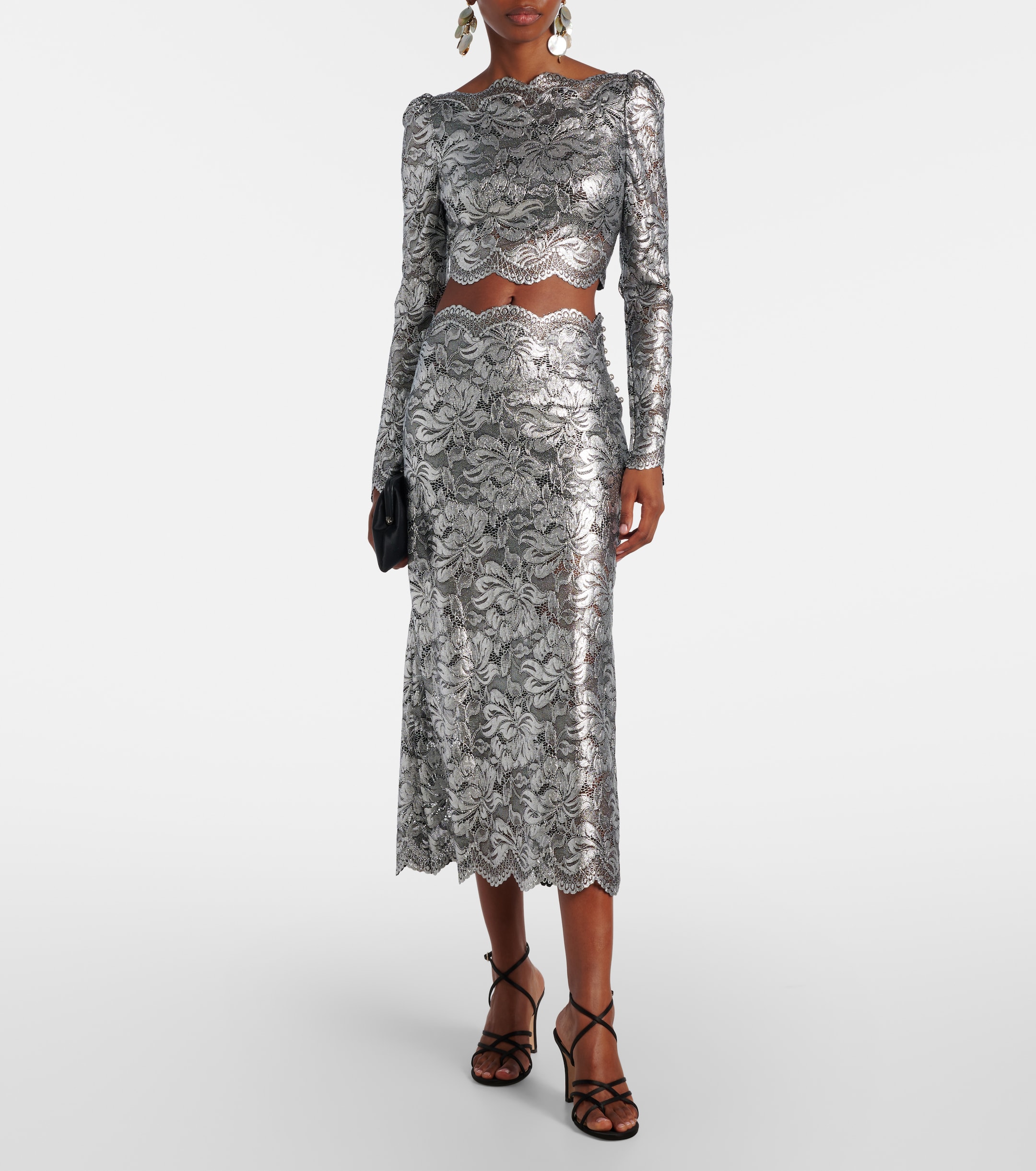 Rabanne Metallic-effect lace midi skirt