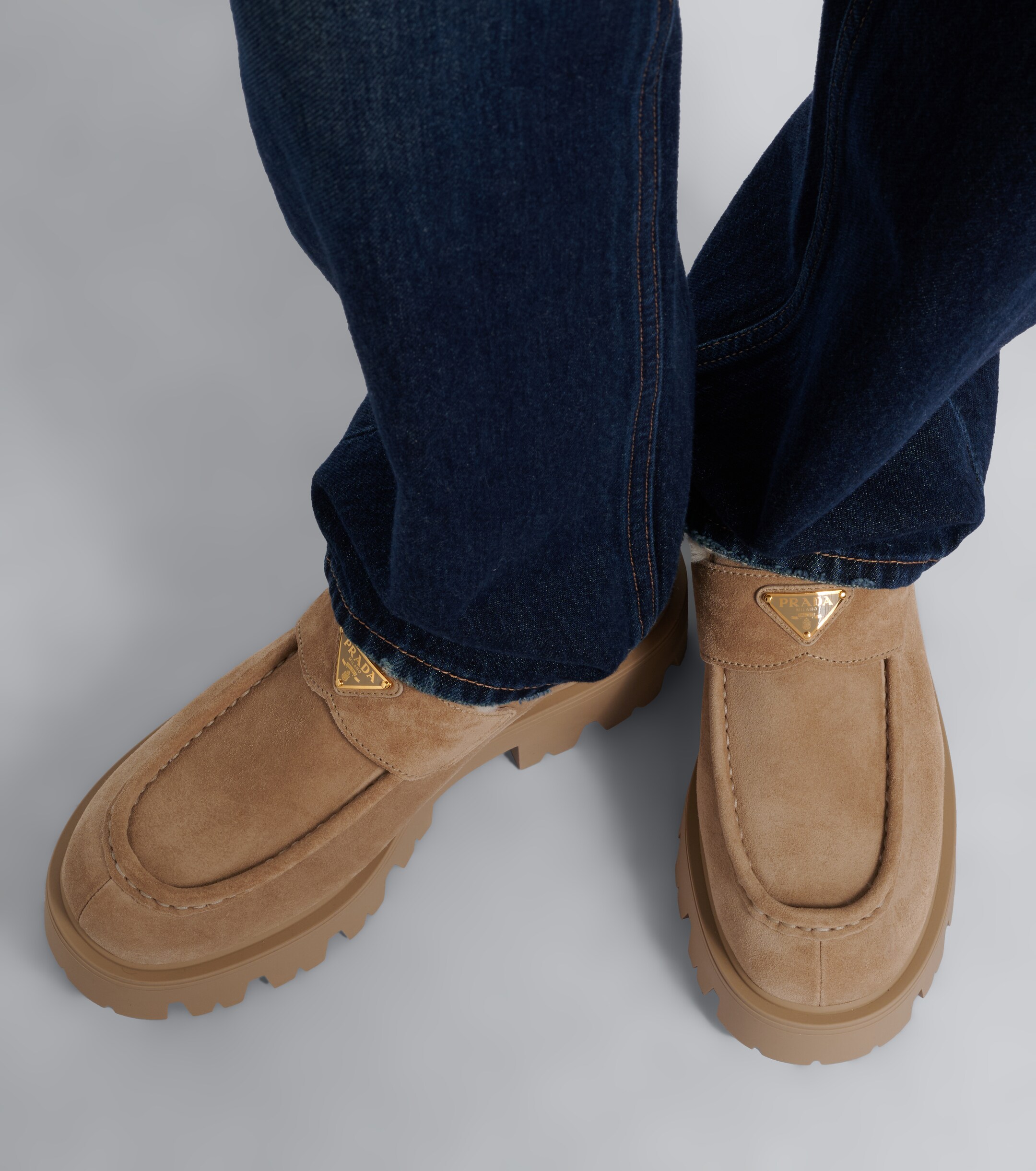 Prada Prada Shearling-trimmed suede platform ankle boots