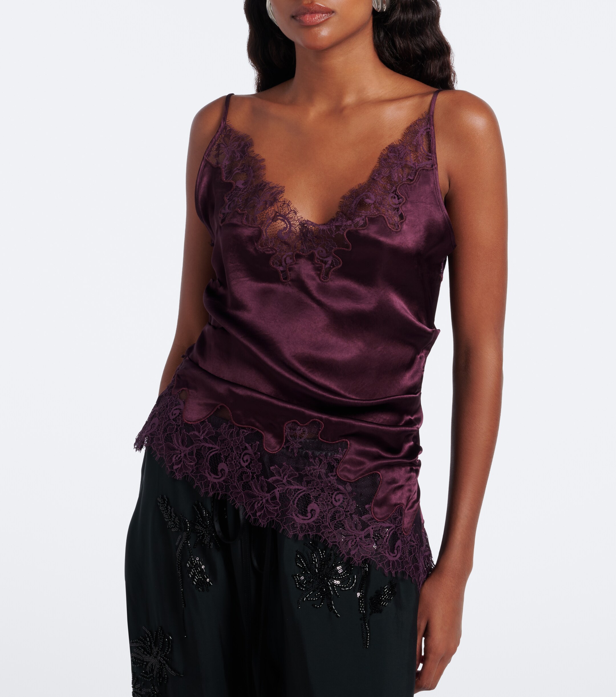 Jacques Wei Jacques Wei Ruched lace-trimmed satin camisole