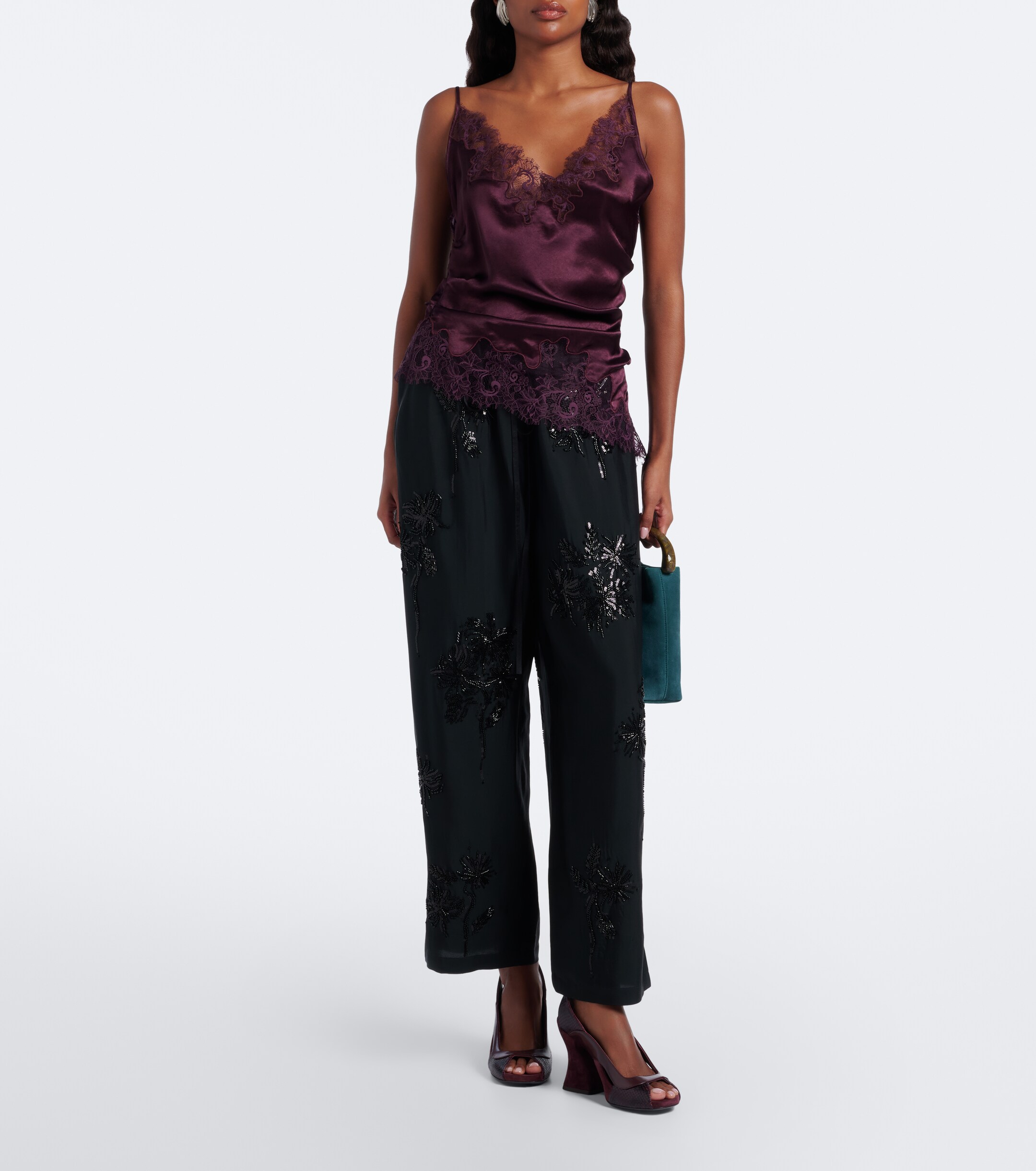 Jacques Wei Jacques Wei Ruched lace-trimmed satin camisole