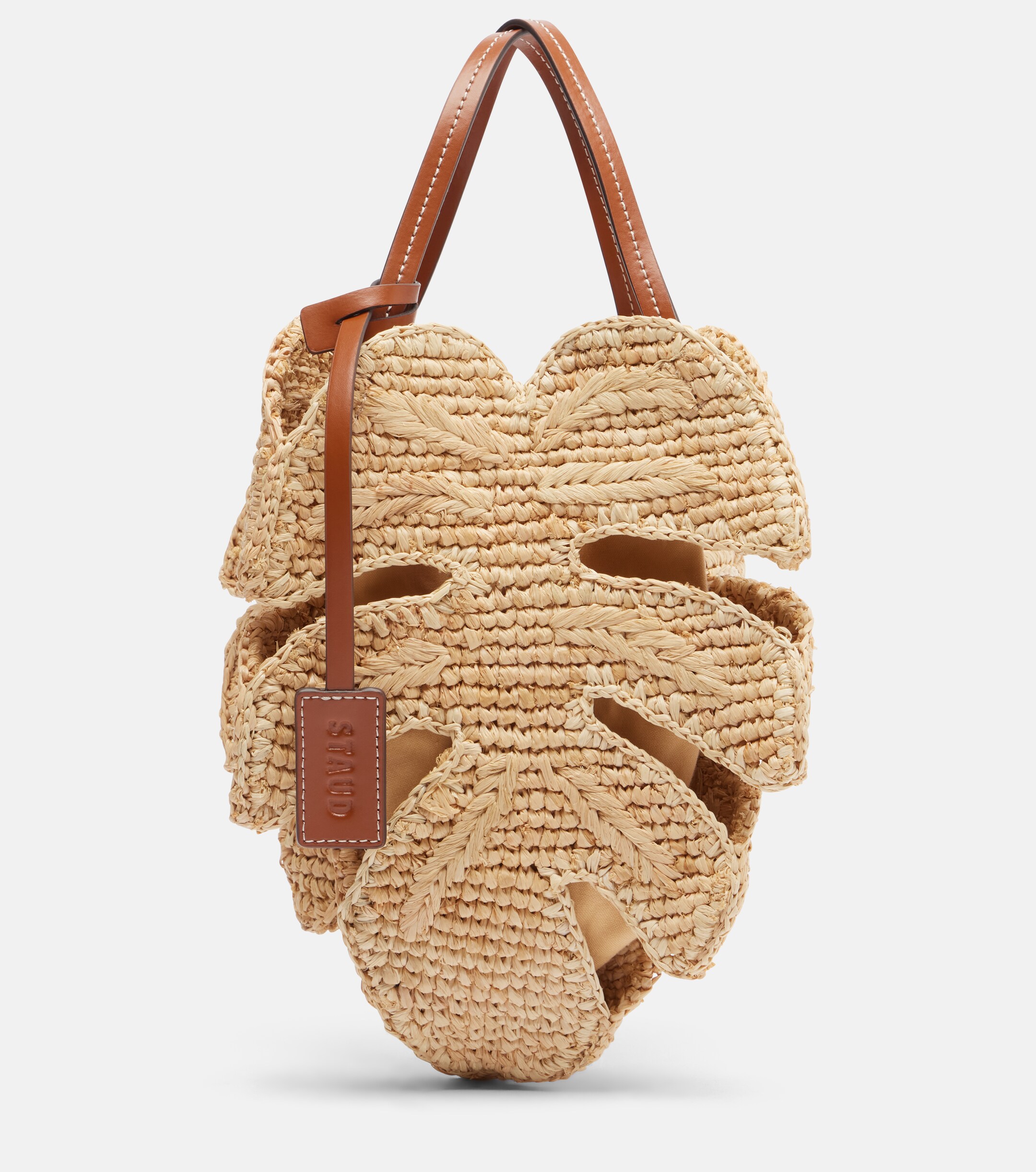 Staud Palm leather-trimmed raffia top-handle bag