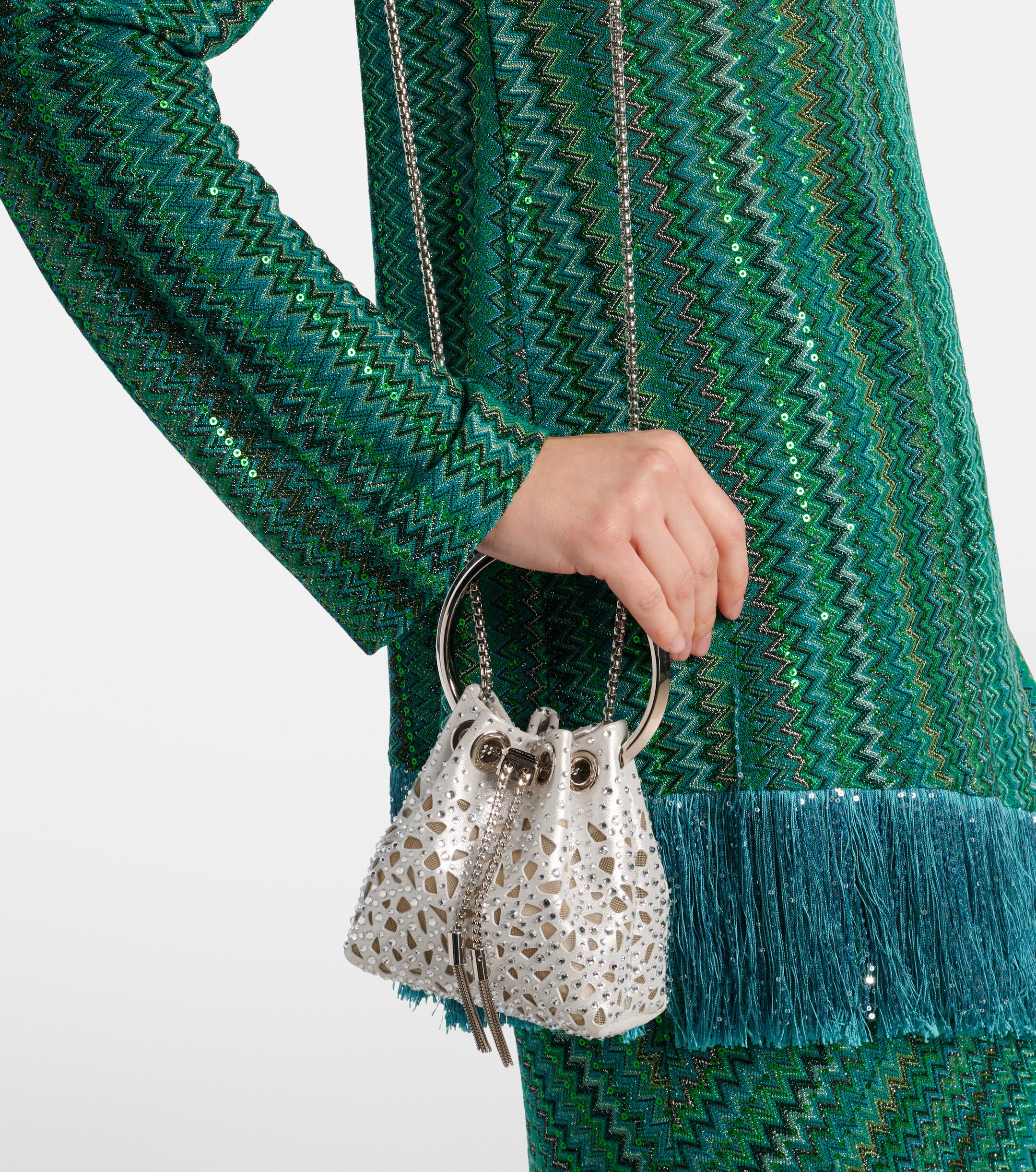 JIMMY CHOO Bon Bon Micro laser-cut satin bucket bag