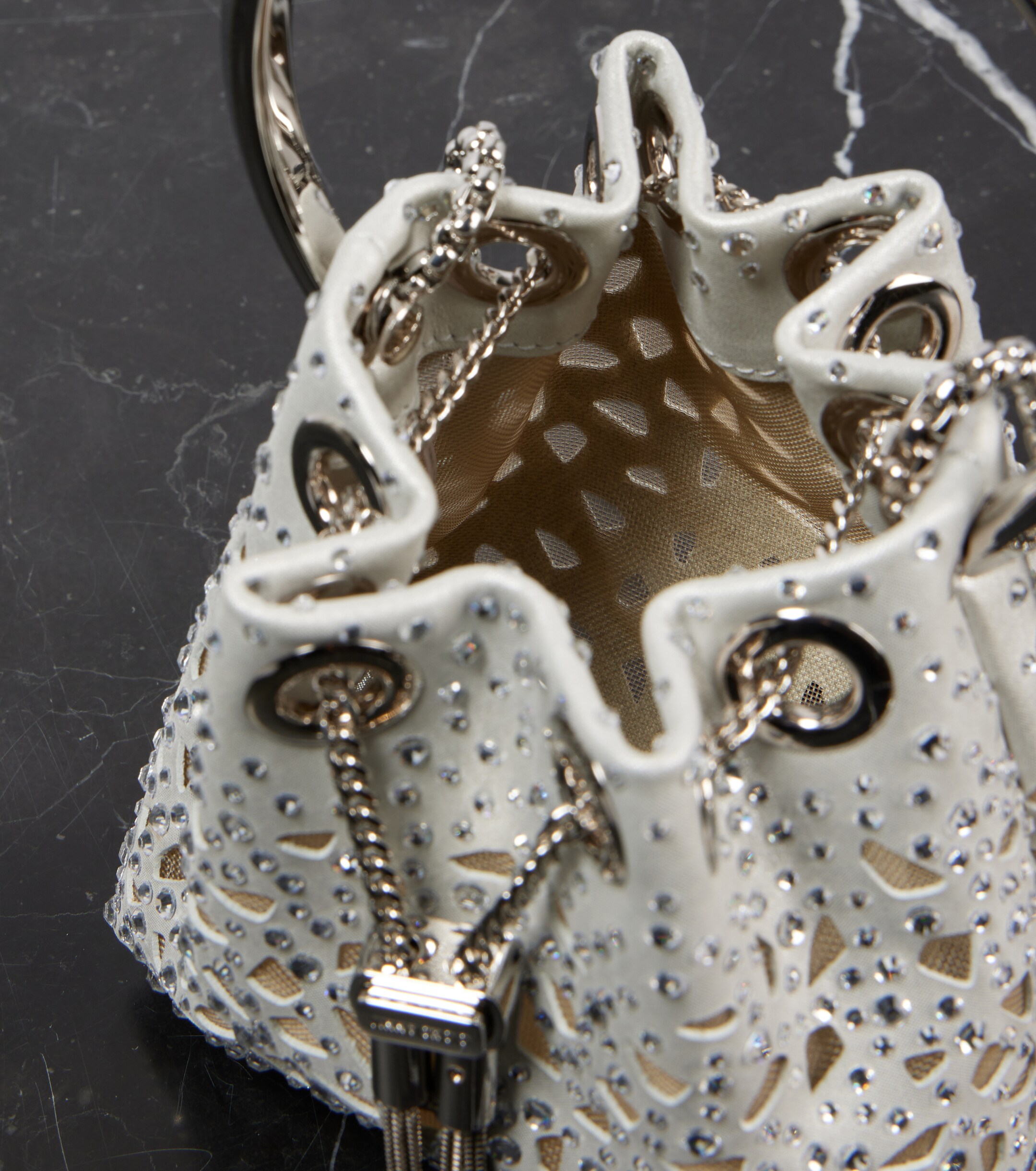 JIMMY CHOO Bon Bon Micro laser-cut satin bucket bag