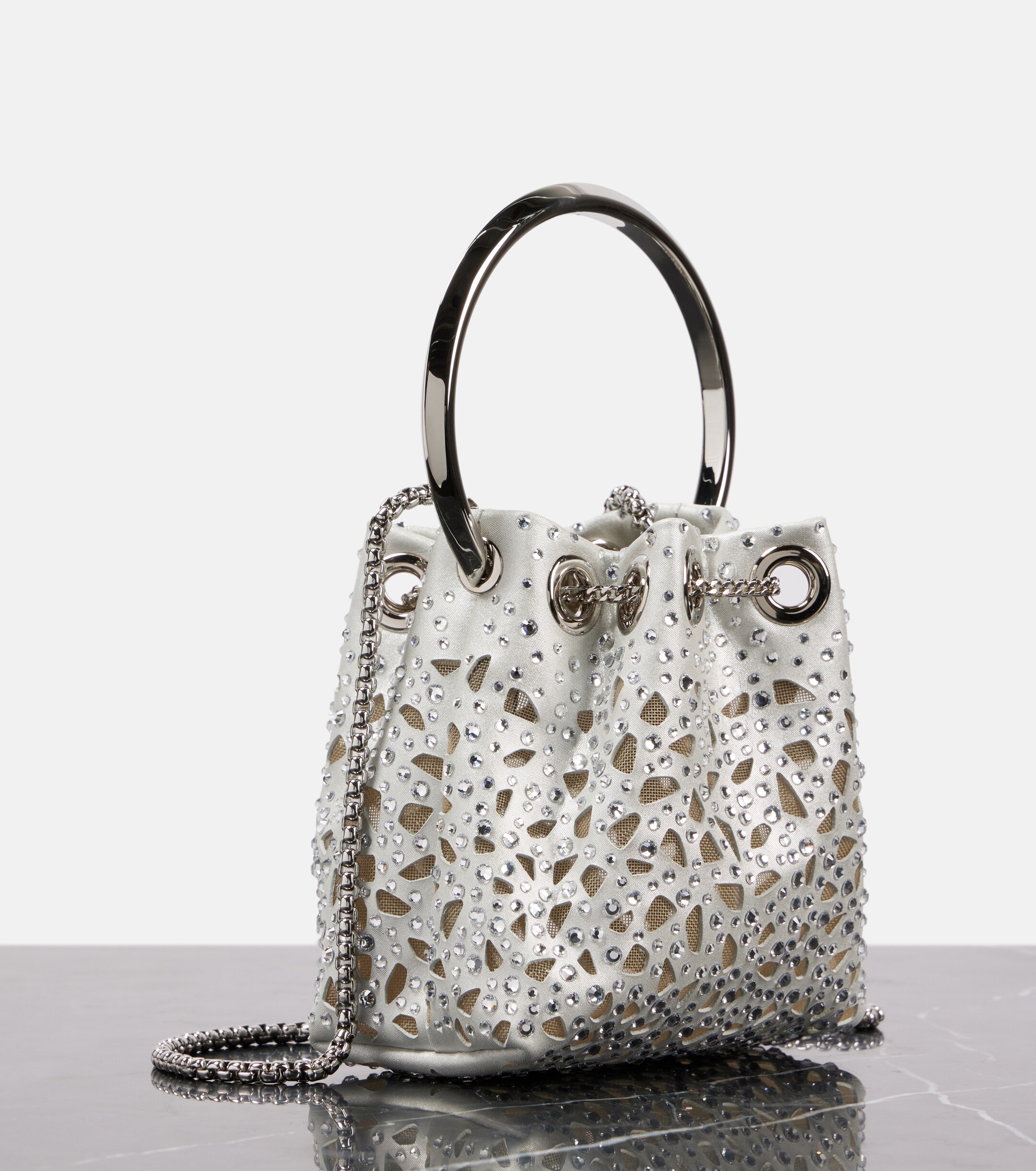 JIMMY CHOO Bon Bon Micro laser-cut satin bucket bag