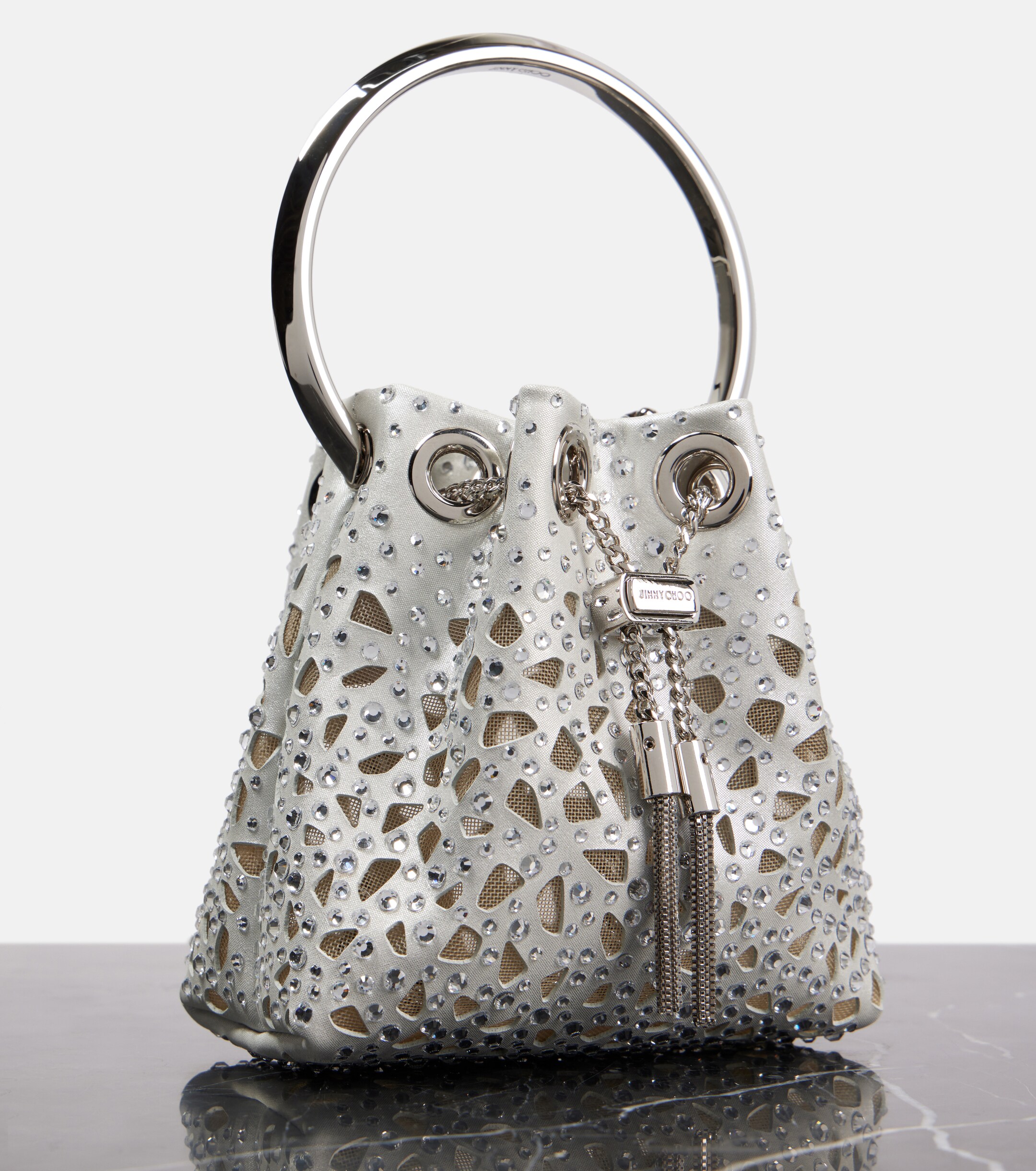 JIMMY CHOO Bon Bon Micro laser-cut satin bucket bag